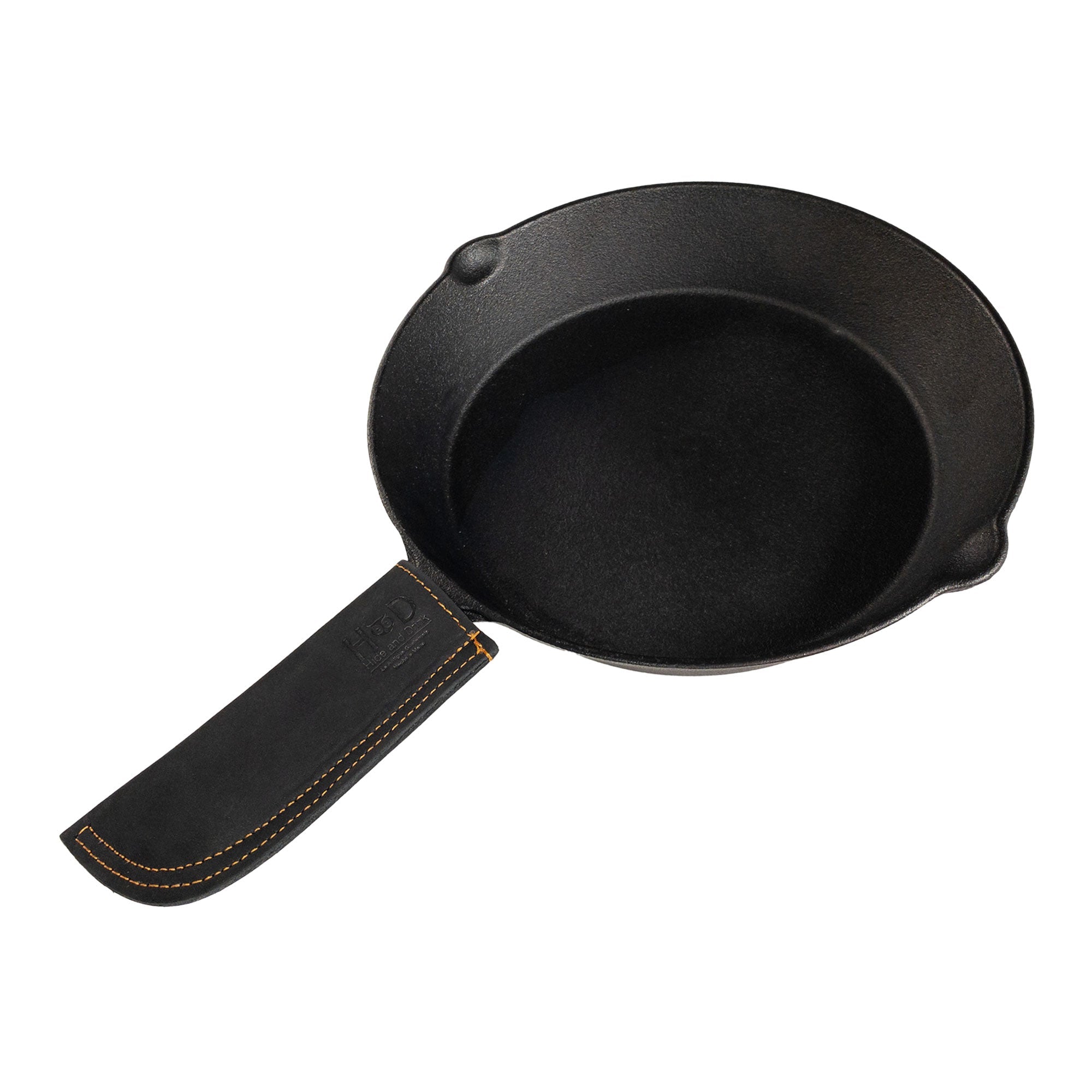 Hot Pan Handle Cover by Hide & Drink, emphasizing quality leather construction for heat resistance and sturdy grip for frying pans, handmade in La Antigua Guatemala & Oaxaca Mexico.
