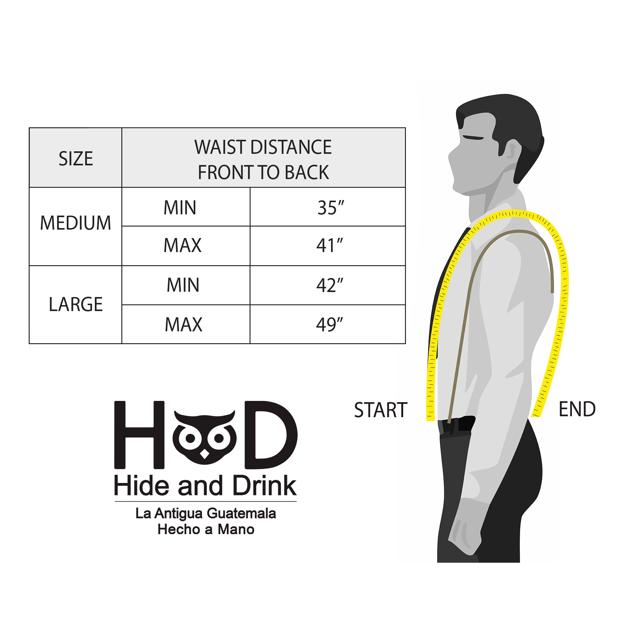 Size guide for Hide & Drink Rustic Slim Suspenders in black, detailing adjustable lengths for optimal comfort. Ideal for anyone wanting handmade quality for weddings and other formal engagements.