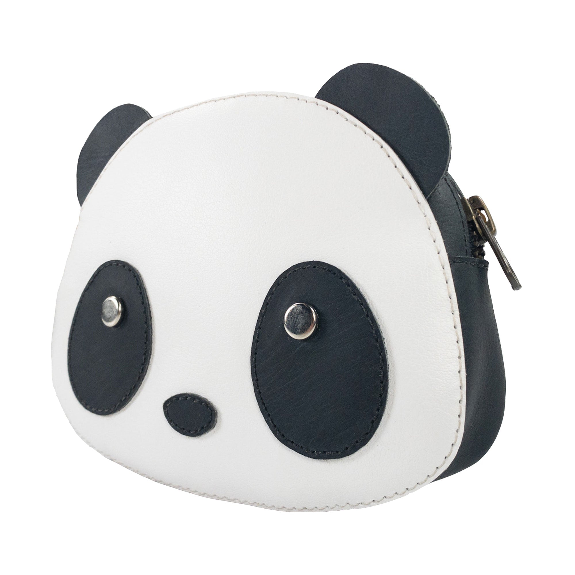 Side view of the Panda Head Shape Wallet by Hide & Drink, showing off its adorable panda features. This wallet is perfect for carrying cash, cables, cards, and travel accessories. Made from Full Grain Leather, it reflects artisan craftsmanship through small batch production, hand cut, hand sewn methods, and is fire branded, handmade in La Antigua Guatemala & Oaxaca Mexico.
