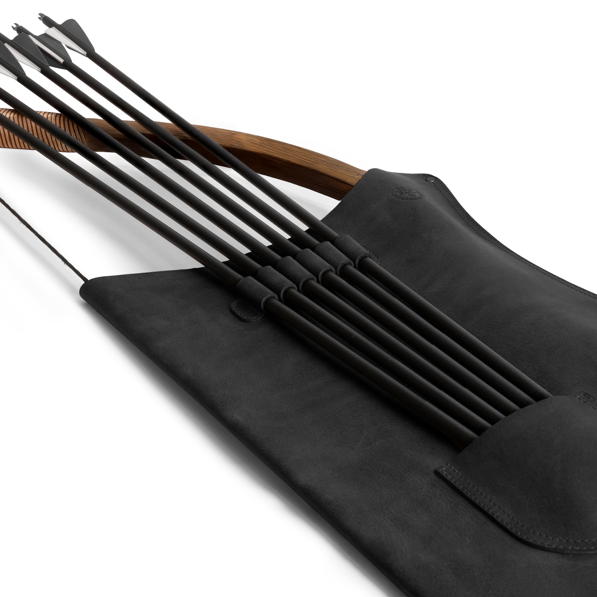 Close-up of the black Archery Bow Carrier with Arrow Slots from Valhalla Gear, focusing on the arrow storage design. Perfect for archers, this artisan-crafted, full grain leather carrier suits shooting and cosplay needs, emphasizing handmade quality.