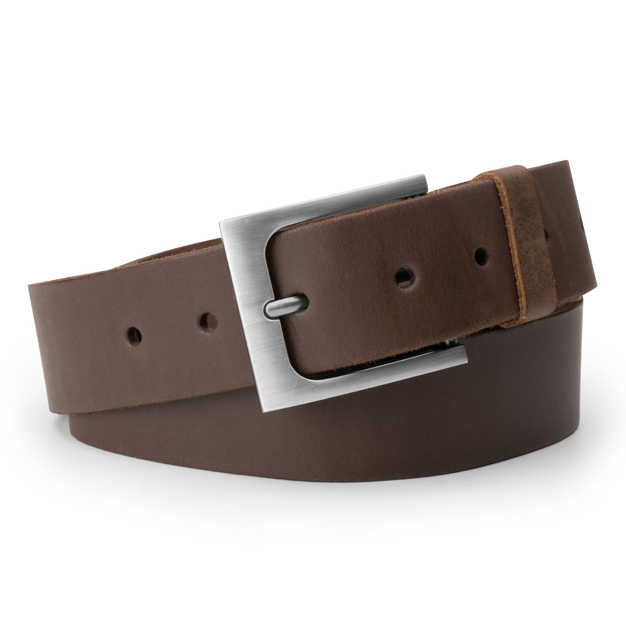 Rustic Leather Belt by Hide & Drink features a sleek design with a silver buckle, crafted from thick full grain leather with hand cut and hand sewn elements, highlighting small batch production by artisans in La Antigua Guatemala.