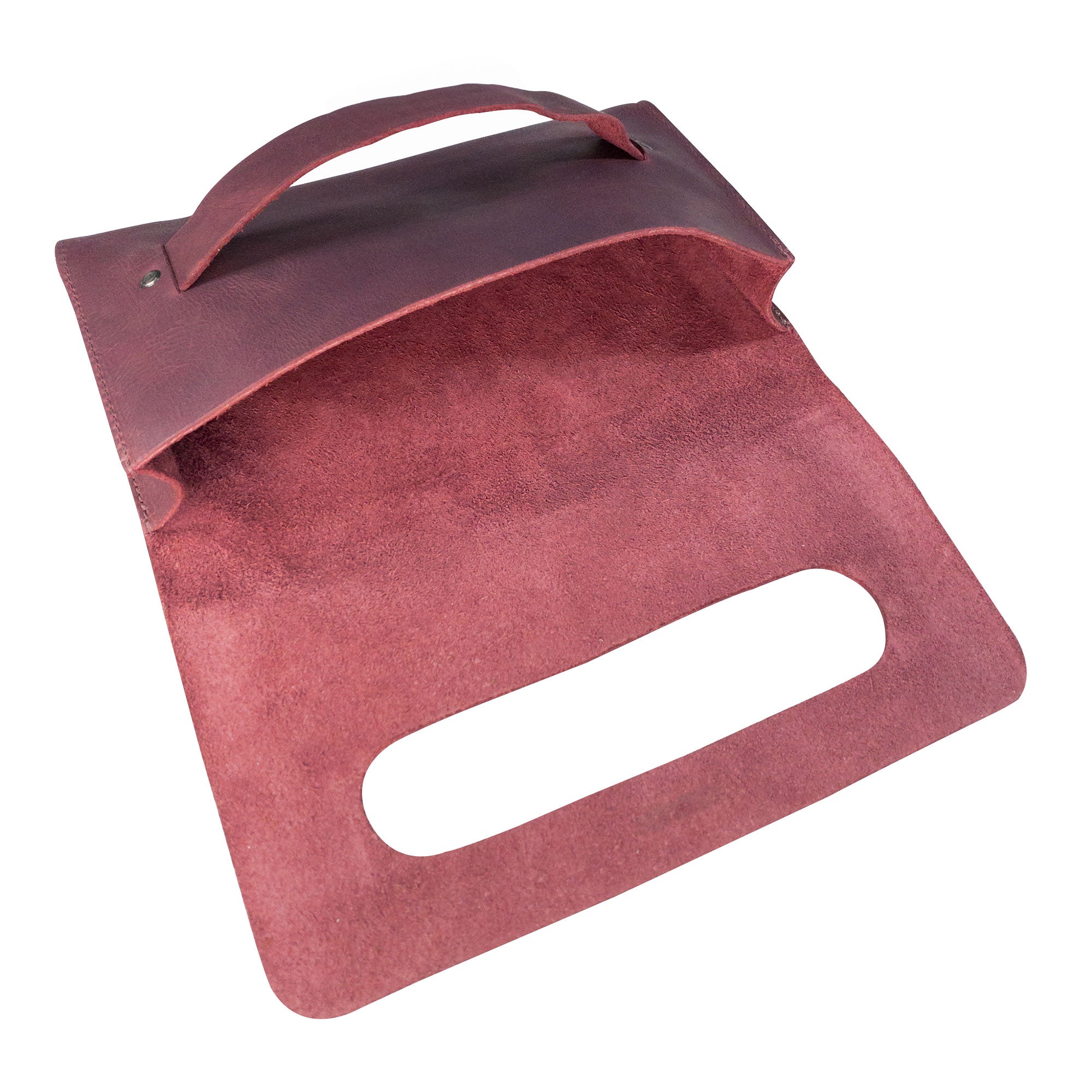 Open style of the maroon Clutch Bag With Handle from Hide & Drink, highlighting its simple elegance. This Full Grain Leather Clutch Bag is perfect for women, a great handbag or night bag thoughtfully crafted in Guatemala and Mexico.