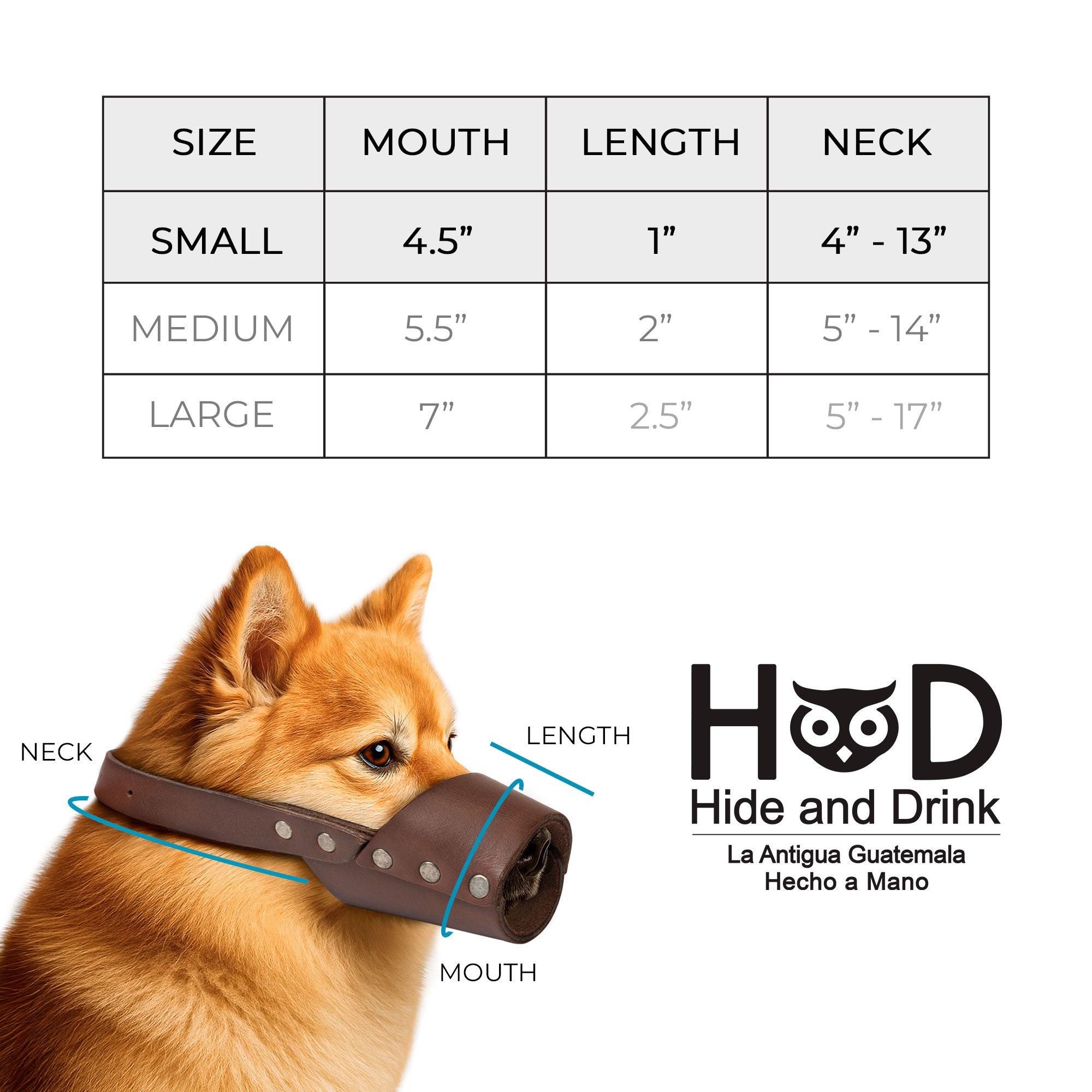Size guide for the Riveted Dog Muzzle by Hide & Drink, illustrating measurements for mouth, neck, and length. This artisanal leather dog muzzle is ideal for preventing biting and chewing, perfect for breeds like Pitbulls or German Shepherds. Handmade using high-quality materials in La Antigua Guatemala & Oaxaca Mexico.
