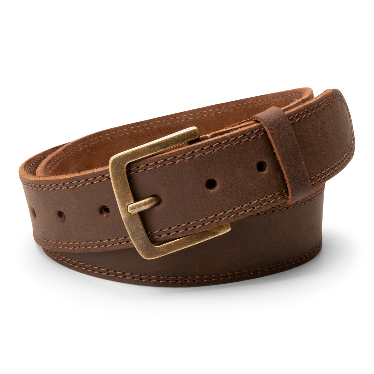 Two Row Stitch Thick Leather Belt - Antique Brass Buckle 
