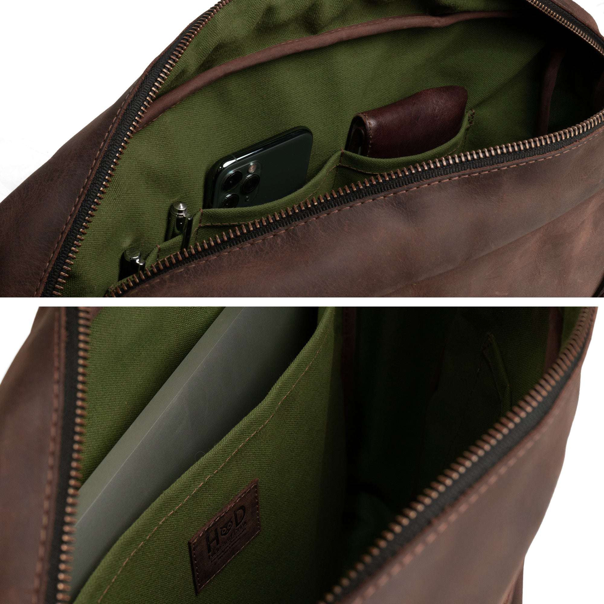 Inside view of the Classic Leather Briefcase by Hide & Drink, featuring an organizational layout perfect for carrying essentials. This Full Grain Leather briefcase comes with an adjustable shoulder strap and a water resistant canvas interior. Ideal for both men and women, this artisan messenger bag is handcrafted in La Antigua Guatemala, showcasing the quality of small batch production.