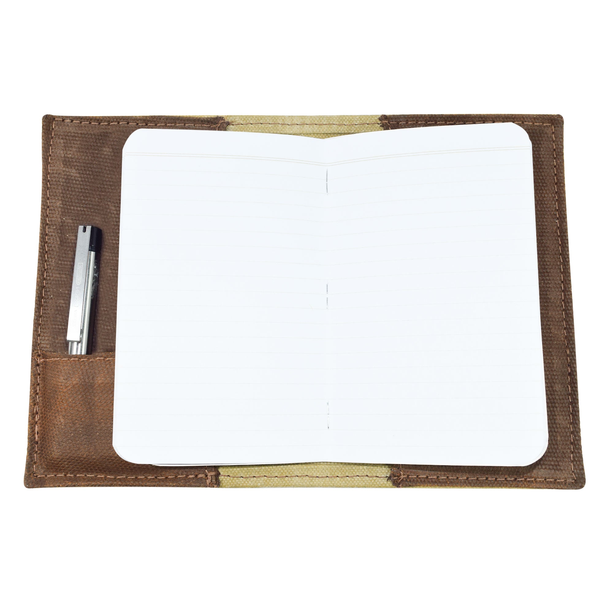 Inside layout of the Hide & Drink Waxed Canvas Field Notes Cover, demonstrating the usability for note-taking with sufficient slots for writing tools. This Waxed Canvas Field Notes Cover is built for practicality while maintaining an artisan-quality finish that inspires creativity.