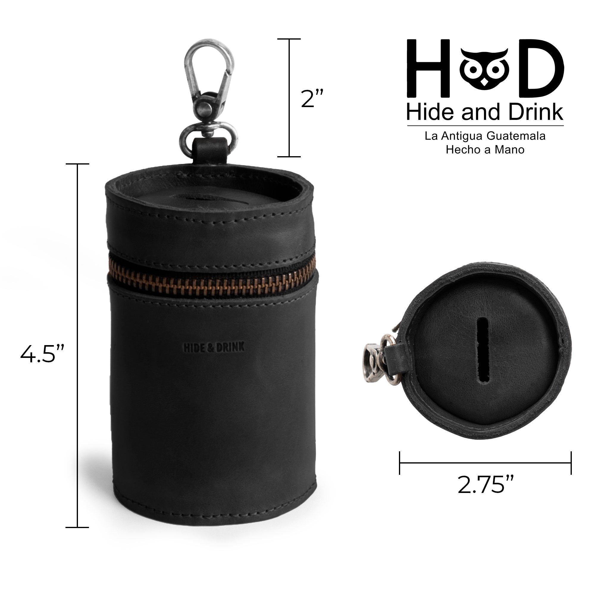 Details of Hide & Drink's black Bucket Coin Release featuring precise dimensions, designed as a durable zipper case bank. This unique full grain leather piece serves as a change purse for men and women, made with care in La Antigua Guatemala.