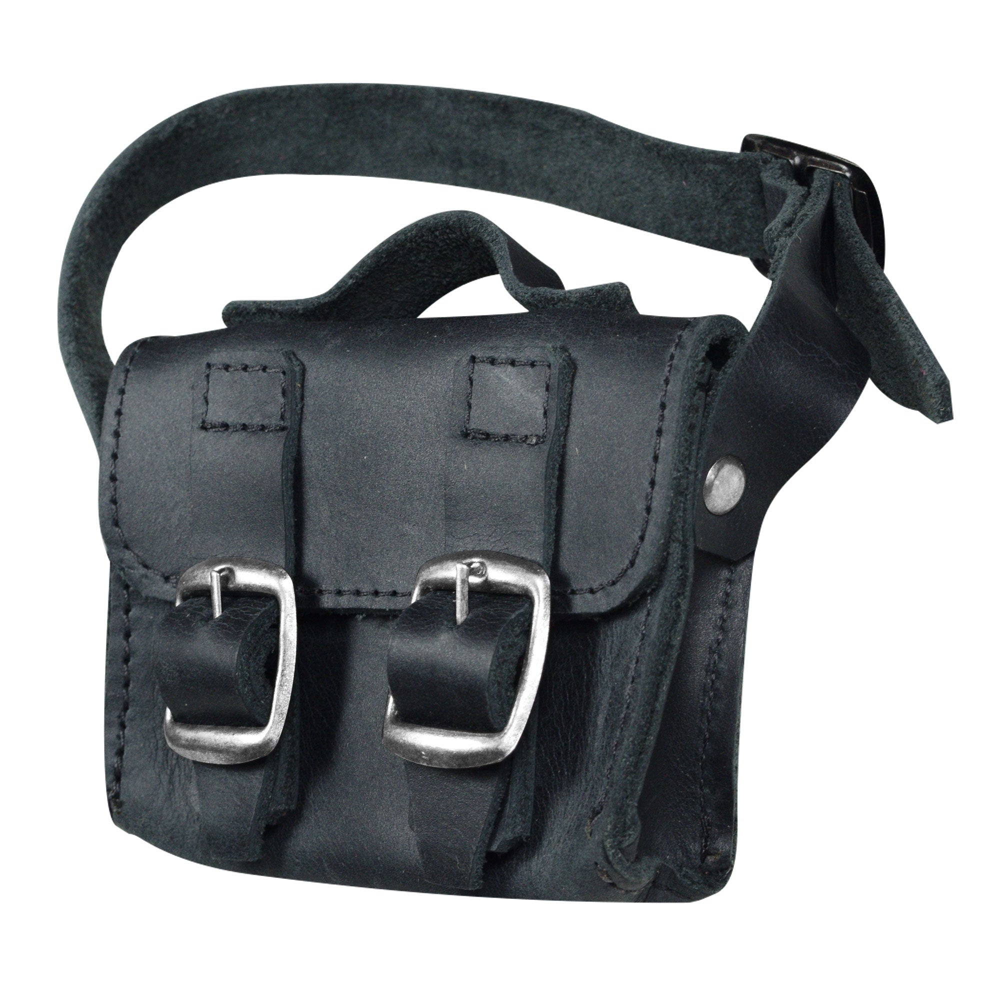 Side view of the Black Tiny Messenger Bag by Hide & Drink, emphasizing the quality and craftsmanship of this Mini Messenger Bag Charm made from durable Full Grain Leather. This artisan piece serves as a charming keychain and reflects handmade excellence from La Antigua Guatemala.
