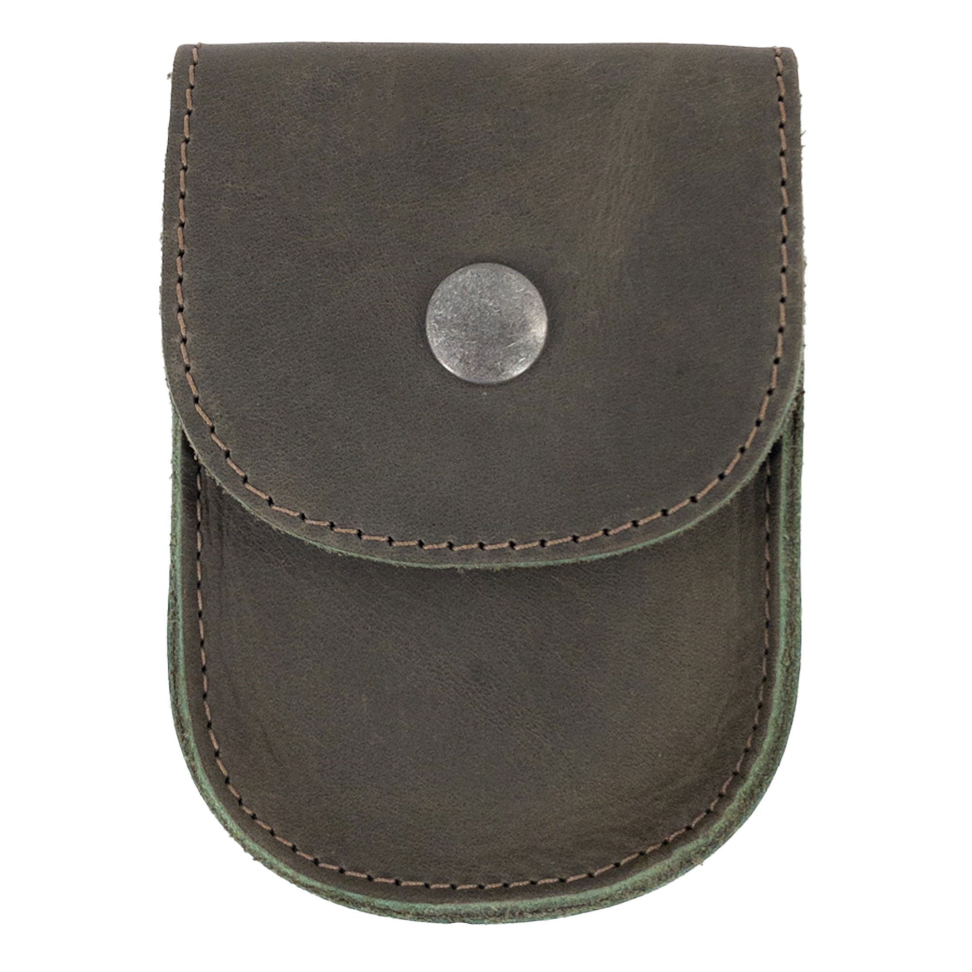 Olive Green Holster Pouch by Hide & Drink shown closed, emphasizing its stylish utility and artisan quality. This durable pouch, crafted from full grain leather, is designed for convenience in everyday carry.