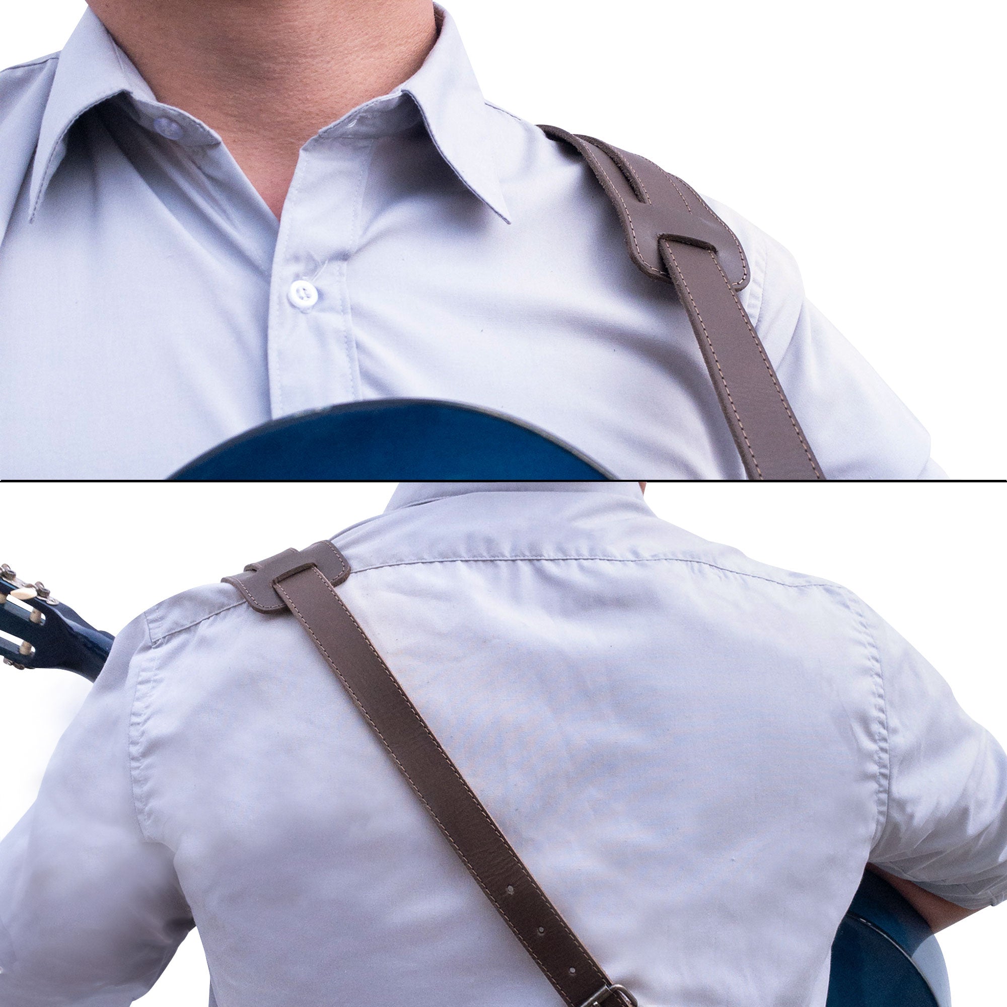 Illustration of a musician wearing the tocame Adjustable Guitar Strap, showing its ergonomic design and full grain leather material. A perfect strap for musicians, this piece is handmade with skill in La Antigua Guatemala.