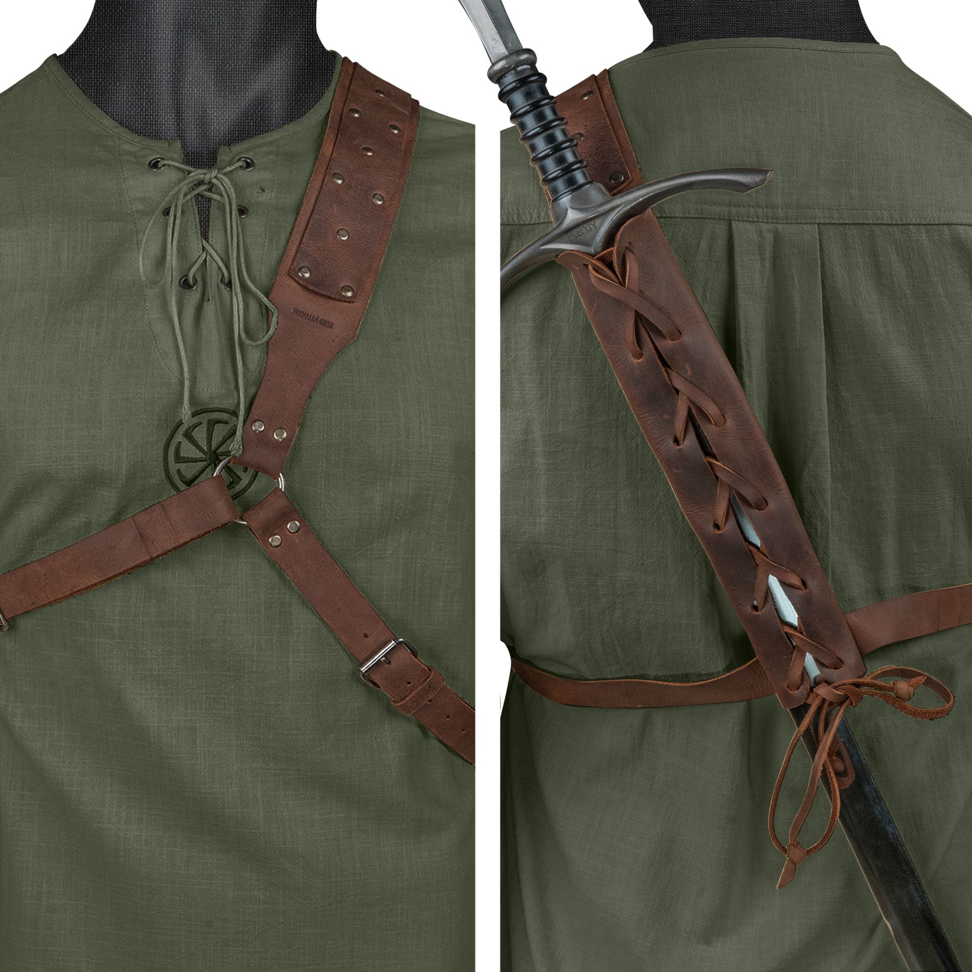 A detailed look at the Medieval Back Sword Shoulder Frog by Valhalla Gear worn over a shirt, crafted from full grain leather, ideal for Renaissance sheath holster. This accessory is perfect for knight cosplay, reflecting small batch production and artisan techniques from La Antigua Guatemala.