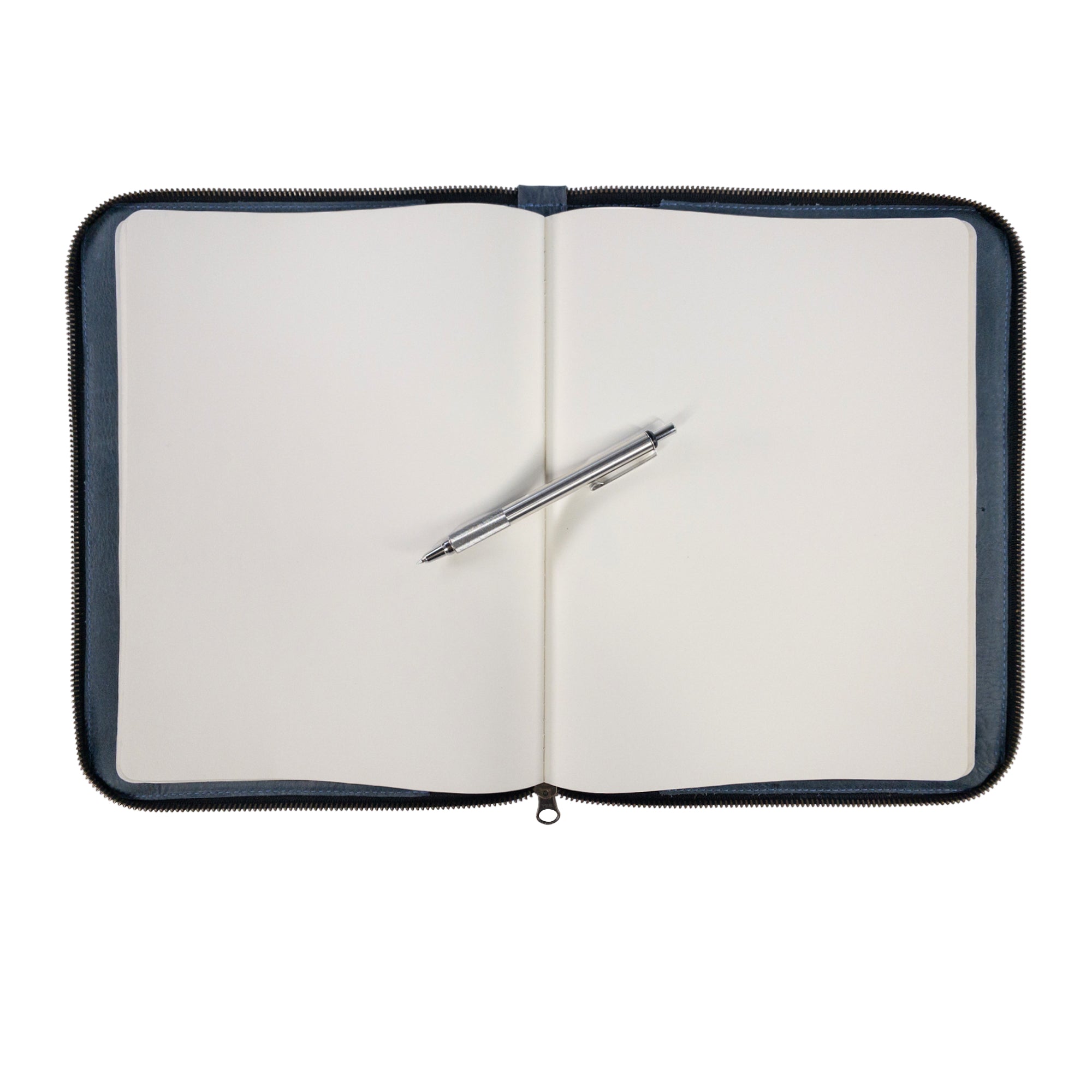 Open layout of Hide & Drink's Zippered Journal Cover for Moleskine (Notebook NOT Included), lined pages visible. Handmade leather accessory.