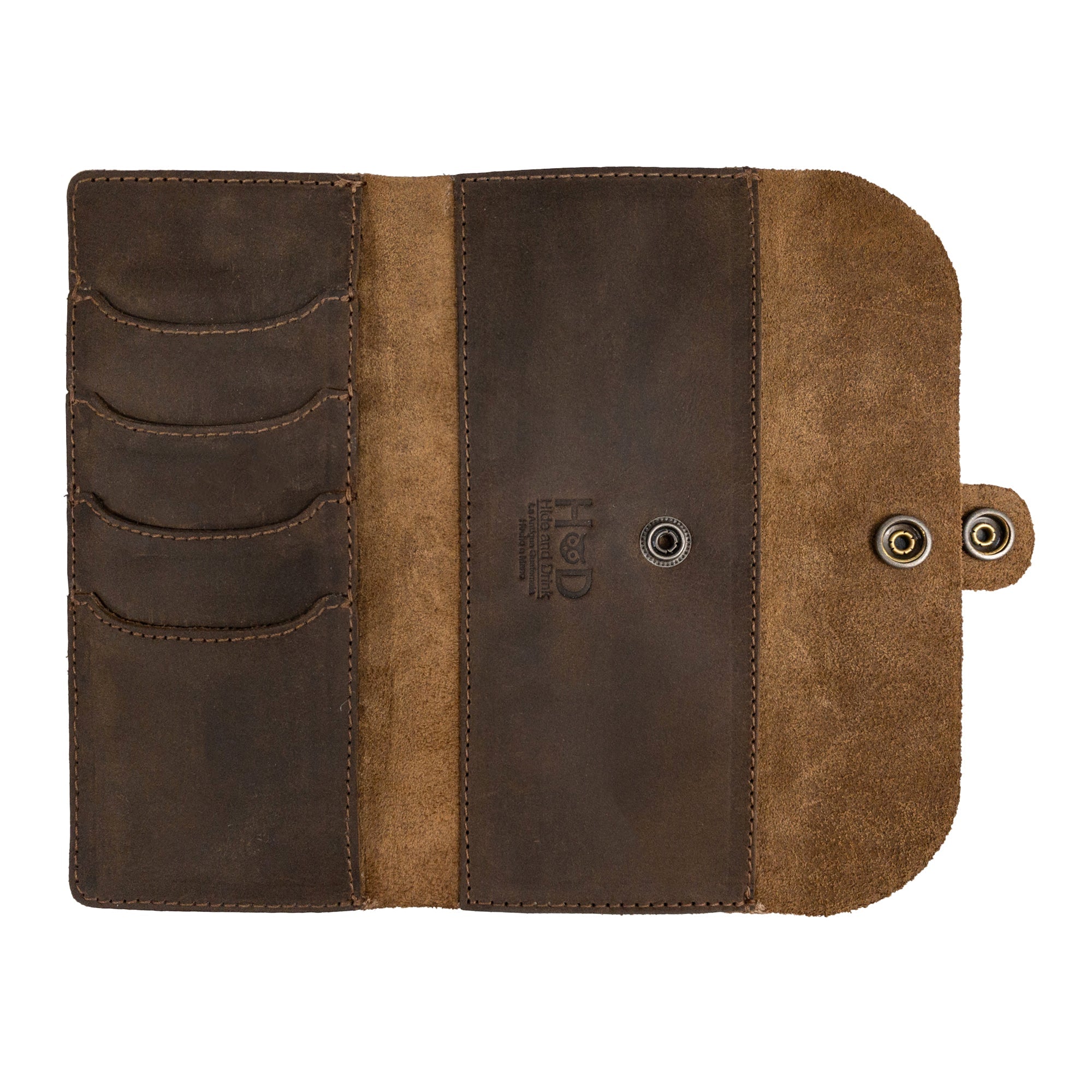 The inside view of the Hide & Drink Folio Wallet With Pouch, illustrating a well-crafted card holder designed for up to 4 cards and easy storage for flat bills and coins. Each wallet is handmade in La Antigua Guatemala & Oaxaca Mexico, showcasing the quality of small batch production and full grain leather.