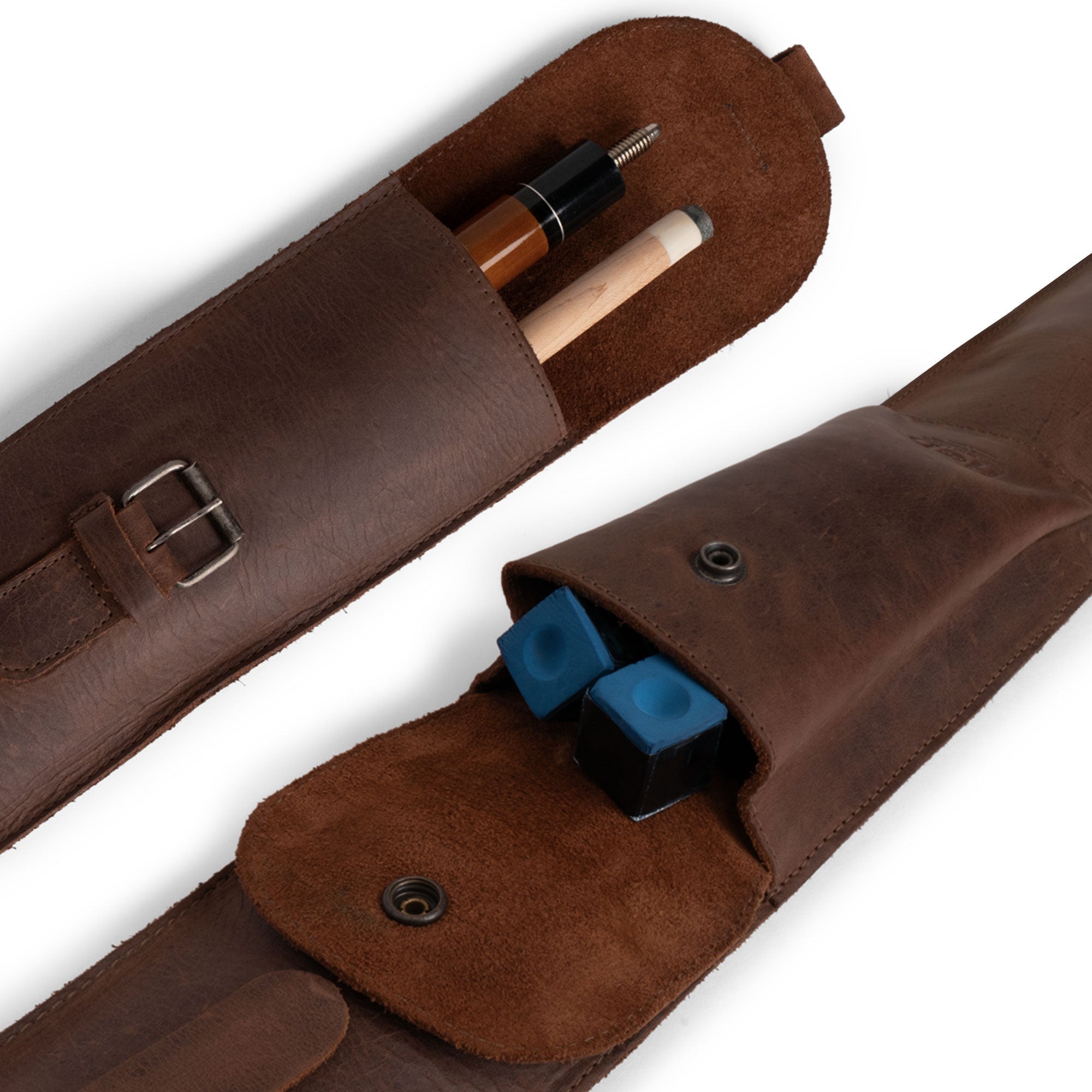 Close-up of Hide & Drink Billiard/Pool Cue Case interior, featuring compartments for cues and accessories, tailored from premium full grain leather for durability. Rustic Billiard/Pool Cue Flat Case, Stick Carrying Bag with Adjustable Strap, Full Grain Leather, StockyardX, Small Batch Production, Hand Cut, Hand Sewn, Fire Branded, Artisan, Handmade in La Antigua Guatemala & Oaxaca Mexico.