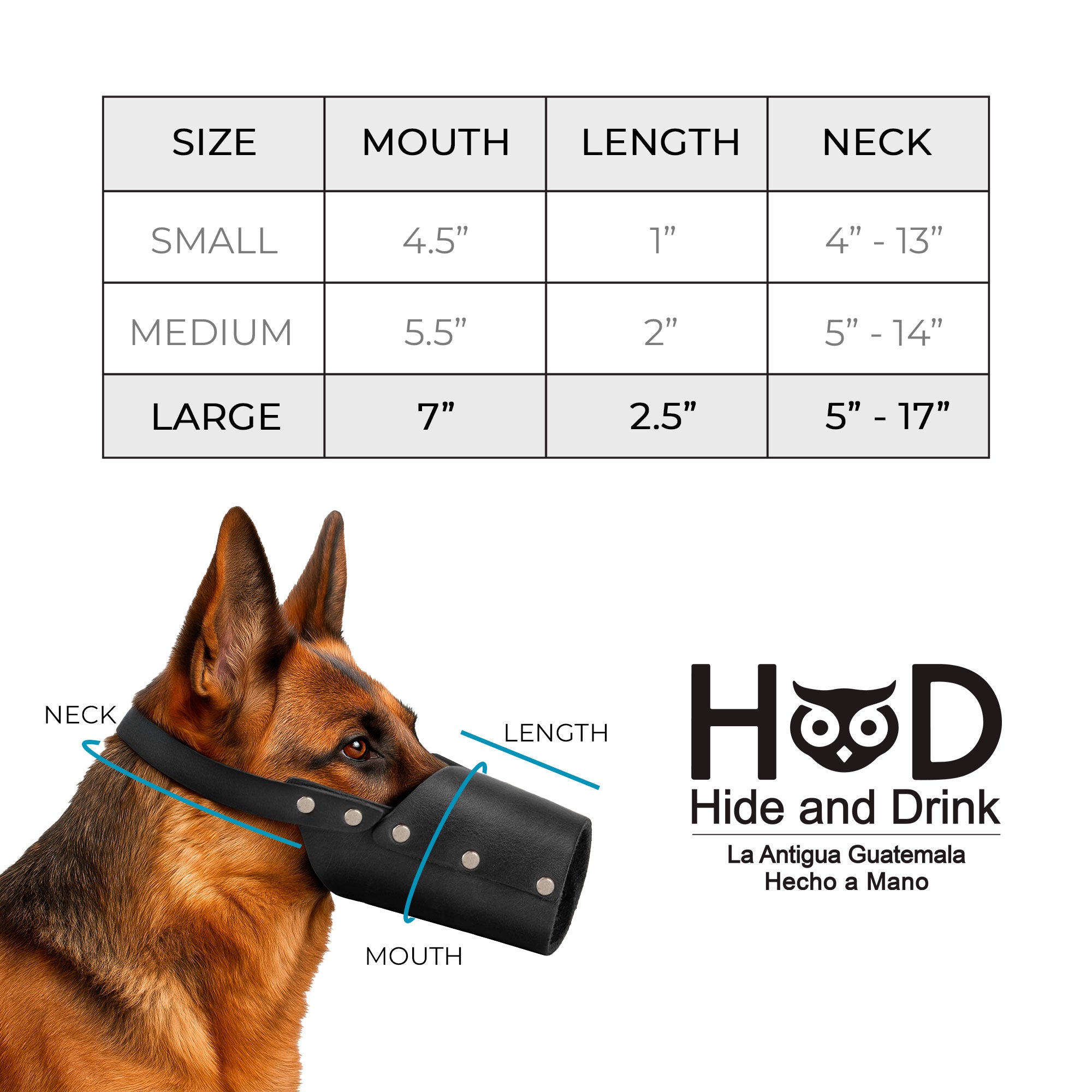 Detailed shot of the Riveted Dog Muzzle by Hide & Drink highlighting its secure fit designed to prevent biting and chewing in dogs. Made from artisan-quality full grain leather, this muzzle guard is ideal for all breeds including Pitbulls and German Shepherds, handmade in La Antigua Guatemala & Oaxaca Mexico.