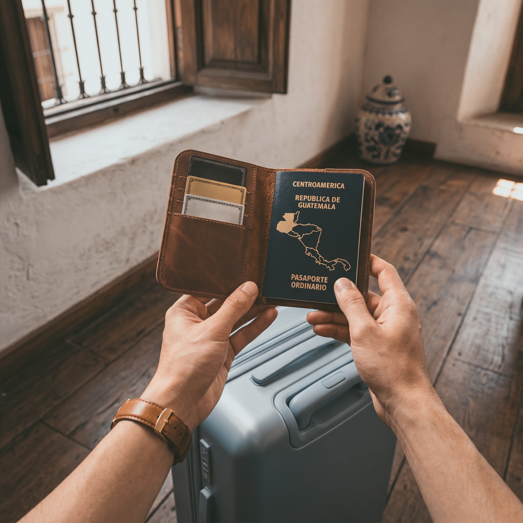 Inside view of the Hide & Drink Travel Wallet showing its pocket layout. This versatile travel wallet is a bifold passport case and card holder, made from premium leather in La Antigua Guatemala.