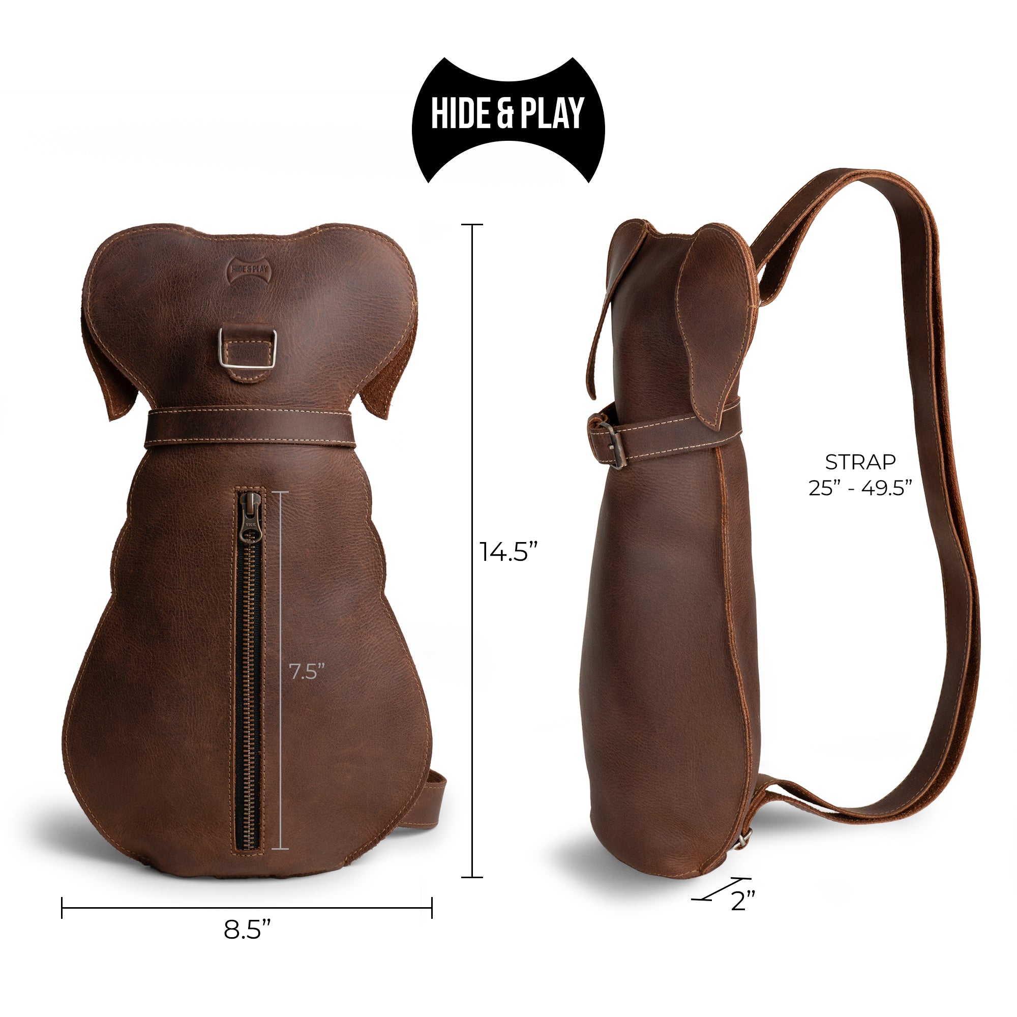 Detailed product image of the Doggy-Shaped Backpack by Hide & Play alongside a care card, emphasizing its features and benefits. Made from full grain leather, this handmade travel backpack is both stylish and practical, reflecting artisan craftsmanship from La Antigua Guatemala. Ideal for pet lovers, it epitomizes small batch production.