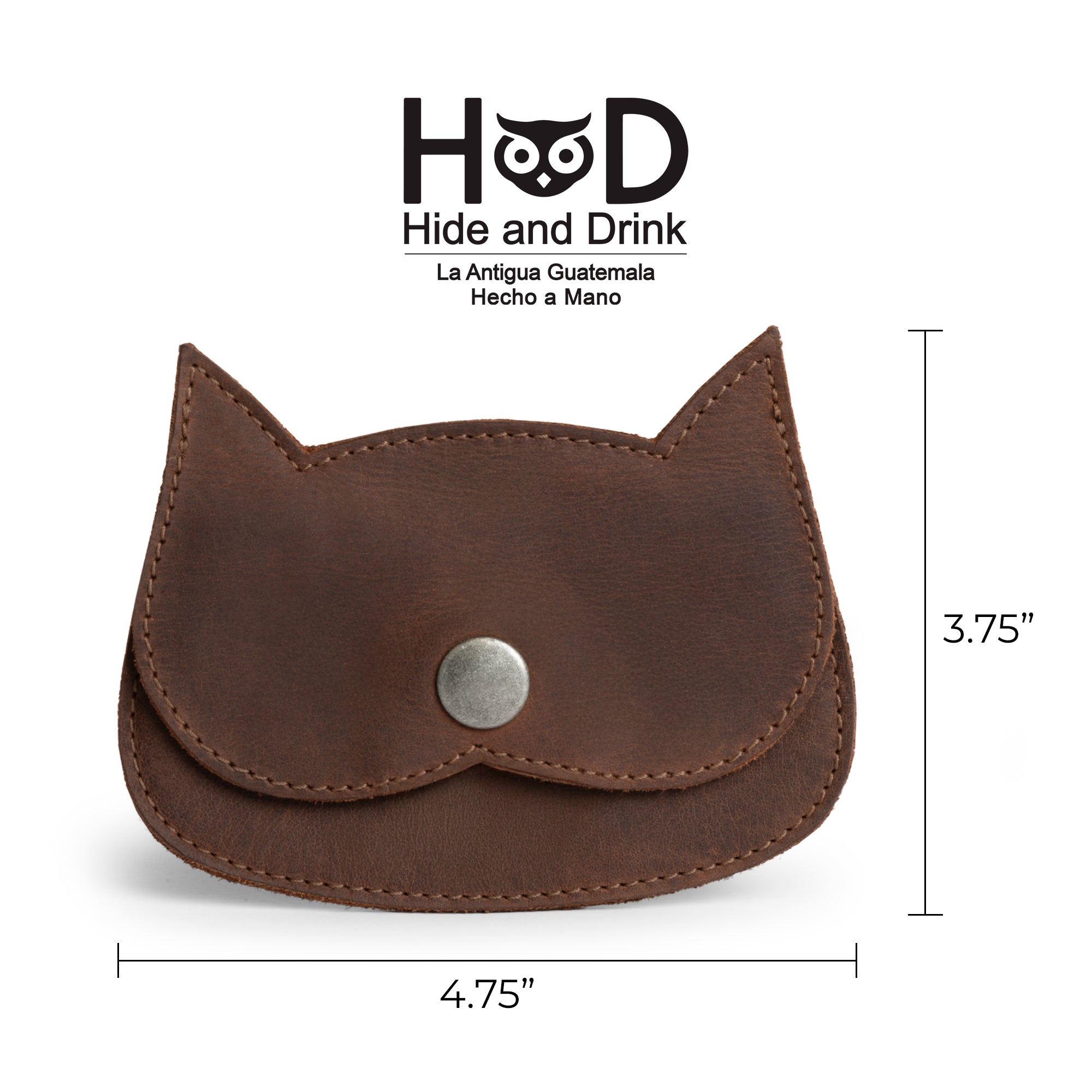 Hide & Drink Leather Cat Wallet dimensions, showcasing its practical design. This Full Grain Leather Cat-Shaped Wallet is a versatile accessory perfect for organizing your coins and bills, crafted with love by artisans in La Antigua Guatemala & Oaxaca Mexico.