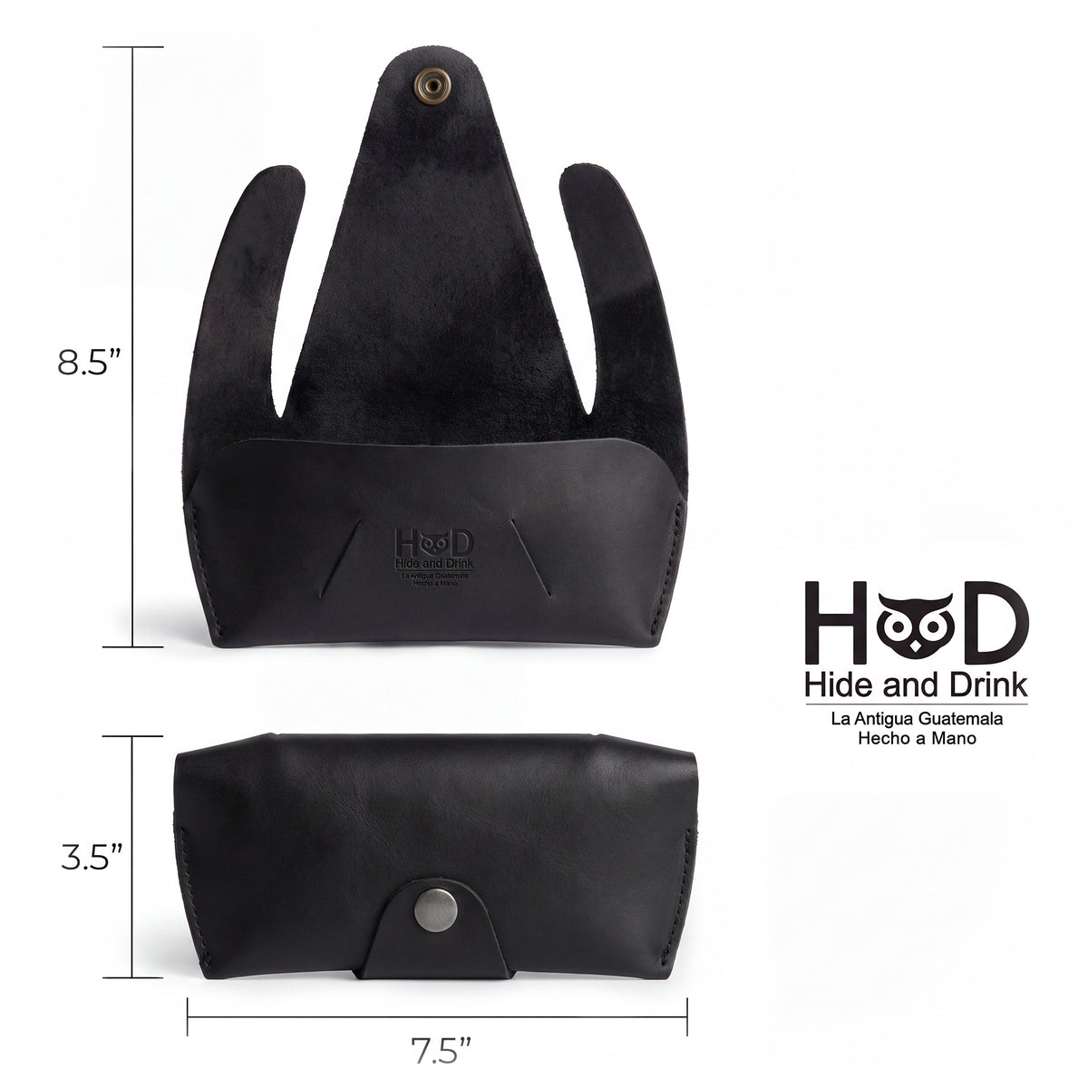 Dimensions overview of the black Foldable Sunglass Case by Hide & Drink, showcasing its size specifications. This Full Grain Leather case emphasizes the artisan quality and meticulous craftsmanship found in small batch production.