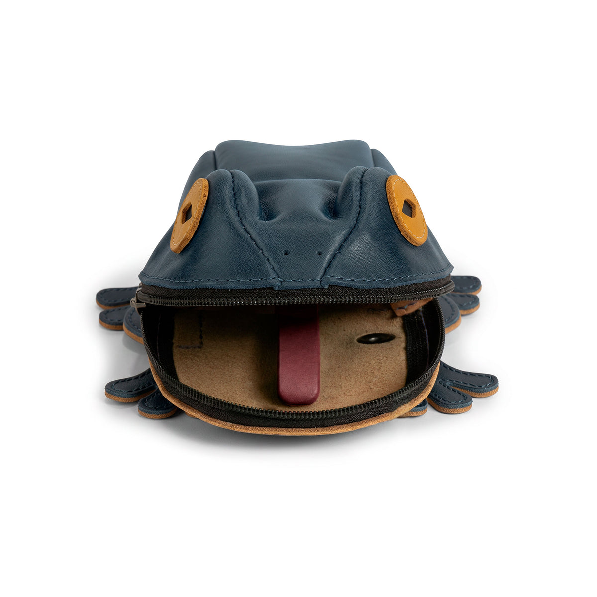 Front view of the open Tudi Frudi Frog Pouch showing its spacious zippered interior, a Frog-Shaped Pouch that serves as a Cable Organizer, Small Accessory Case, Zippered Cash Holder Wallet for Coins, or Change Purse. Made for Pouches for Men and Women from Full Grain Leather, it features StockyardX Small Batch Production, Hand Cut and Hand Sewn Artisan craftsmanship, Handmade in La Antigua Guatemala & Oaxaca Mexico, and a Fire Branded finish.