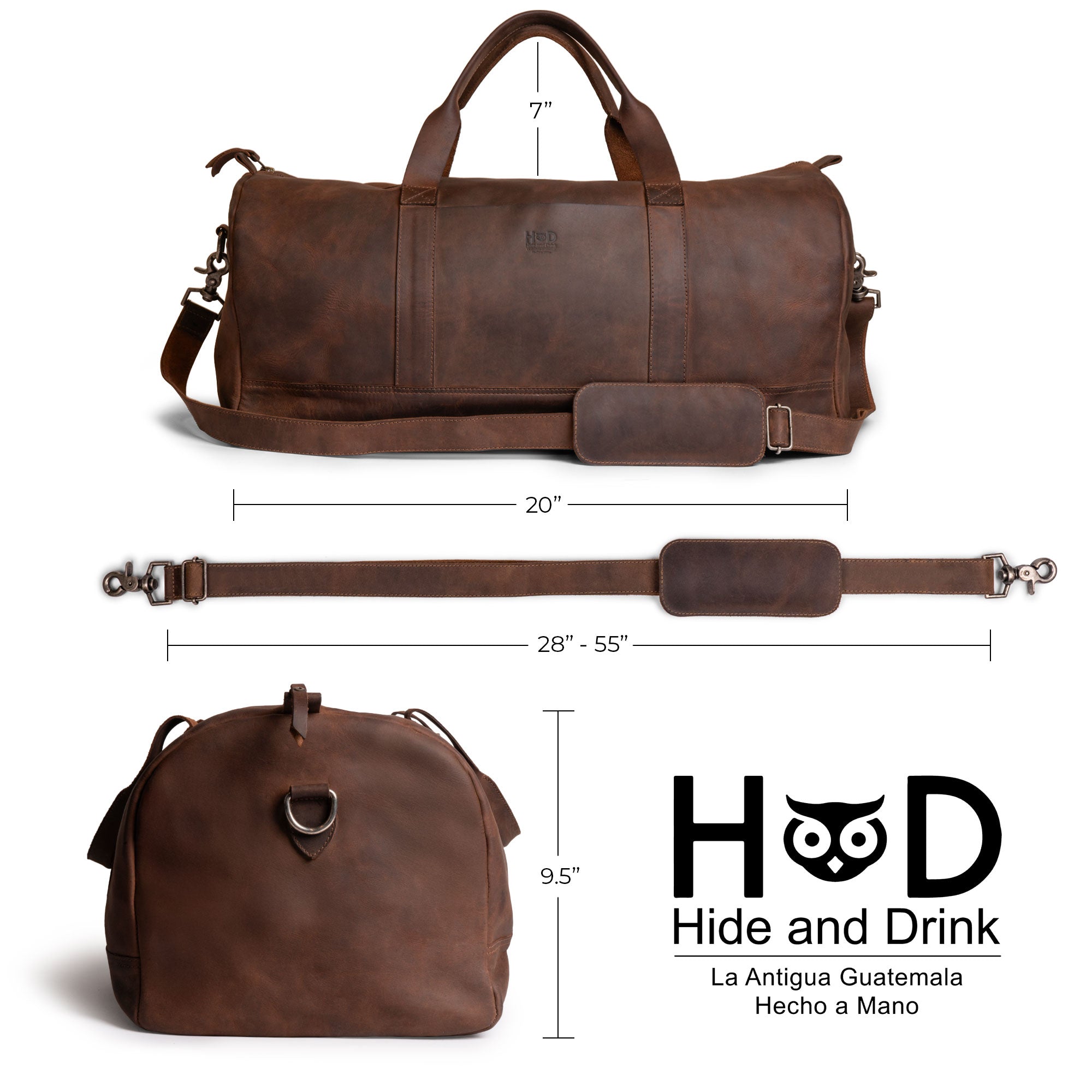 Measurements of the Hide & Drink Luggage Duffle Bag with Shoulder Strap presented alongside its elegantly crafted Full Grain Leather exterior, perfect for travel as an overnight bag and showcasing artisan details from La Antigua Guatemala & Oaxaca Mexico.