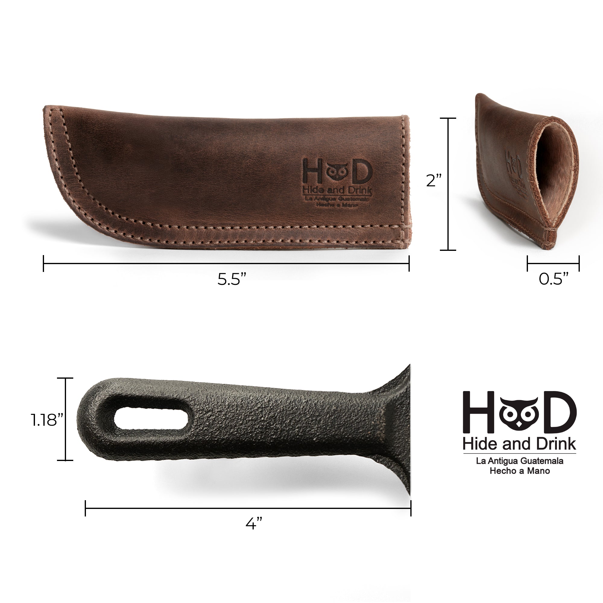 Hide & Drink Cast Iron Panhandle Cover dimensions featured prominently, highlighting its dimensions and craftsmanship. This elegant hot handle protector is designed for metal skillets, sliding on and off effortlessly. Made from full grain leather, it showcases the artisan tradition of small batch production in La Antigua Guatemala & Oaxaca Mexico.