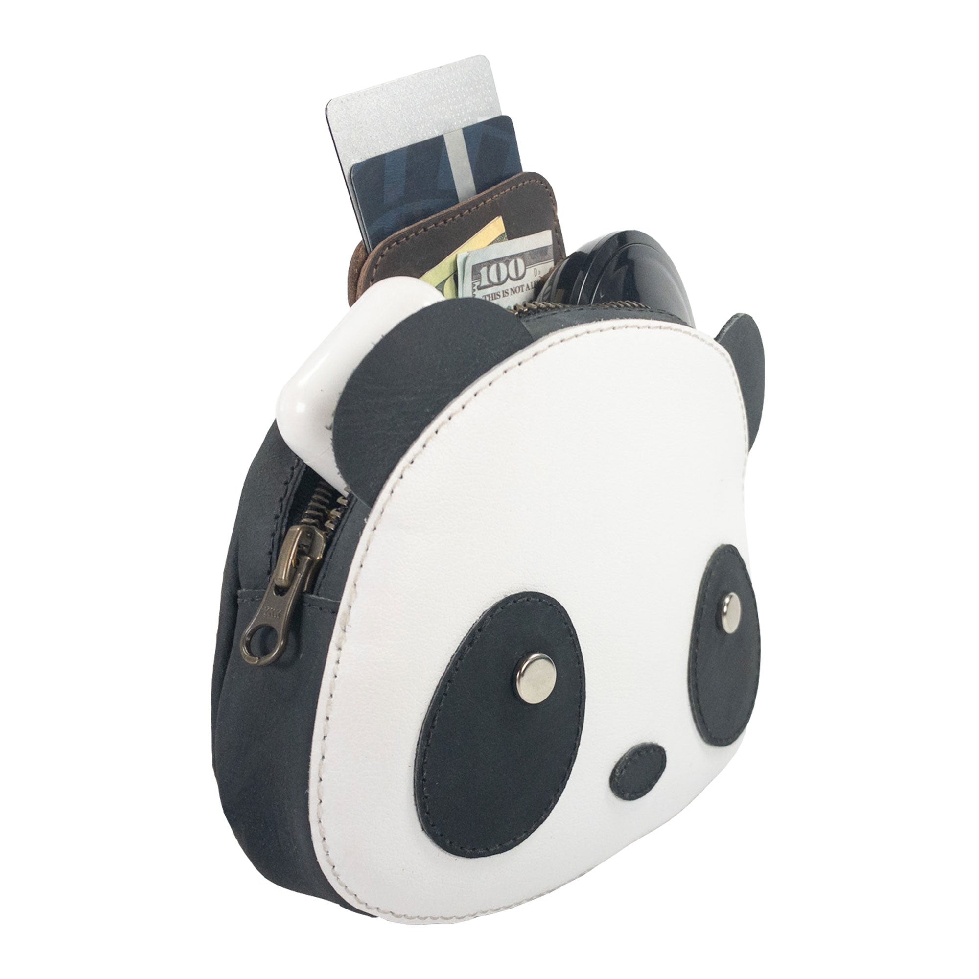 The Panda Head Shape Wallet by Hide & Drink opened up with items inside, displaying its cute panda face design. Perfect for credentials, cash, cables, and cards, this wallet is made from Full Grain Leather, hand cut, hand sewn, fire branded, showcasing fine craftsmanship from small batch production in La Antigua Guatemala & Oaxaca Mexico.