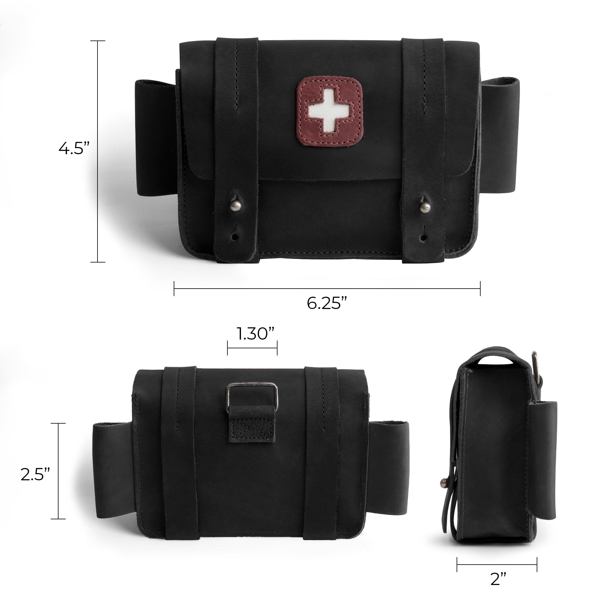 Dimensions of Hide & Drink's black Empty First Aid Bag, Mini Medical Storage Pouch, illustrating its compact and handy design. This Empty First Aid Bag is ideal for organizing emergency supplies at home or on trips, showcasing high-quality craftsmanship from artisans in La Antigua Guatemala.