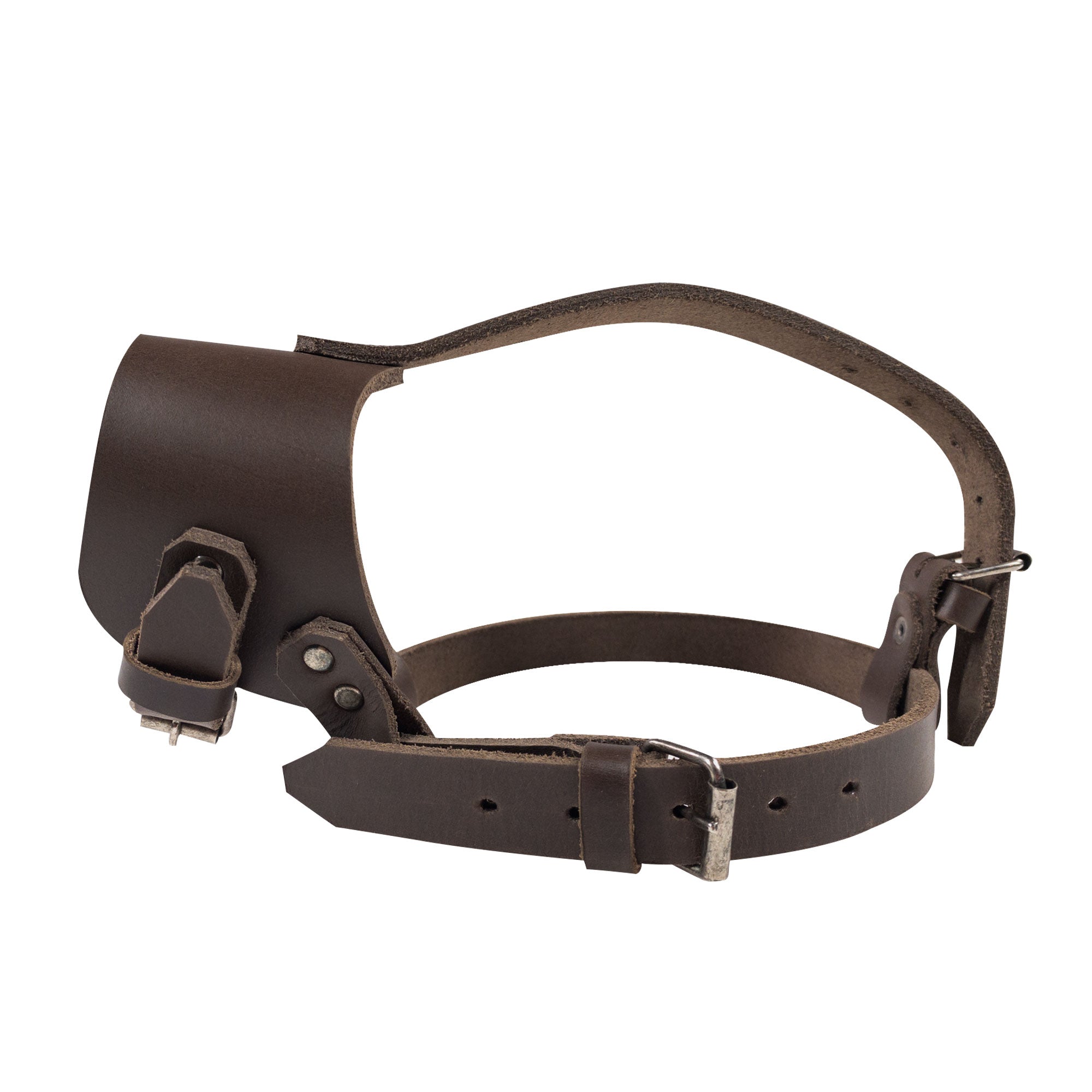 Side view of the Anti Bite Dog Muzzle by Taco Dog, showcasing the rustic dog muzzle guard made with adjustable straps for a secure fit. This leather mouth guard mask is designed to prevent biting and chewing, emphasizing the small batch production and artisan details of being hand cut and hand sewn in La Antigua Guatemala & Oaxaca Mexico.