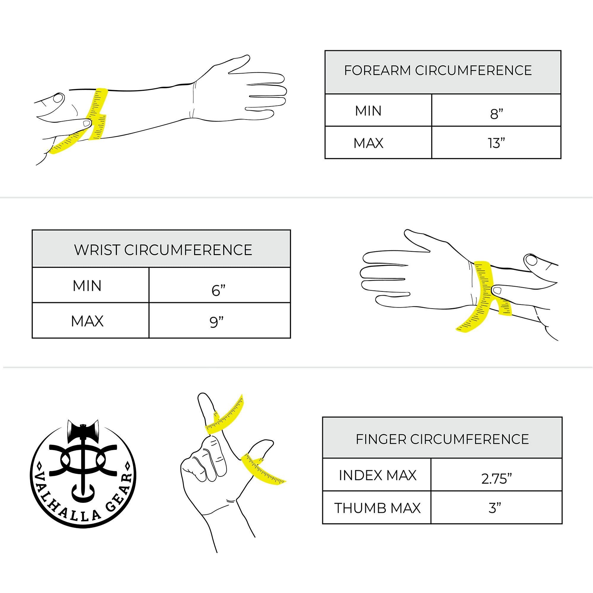Measurement guide showcasing sizing for the black Forearm Guard for Archers by Valhalla Gear, including forearm, wrist, and finger measurements. Essential for ensuring the best fit for protective bracers made from durable full grain leather.