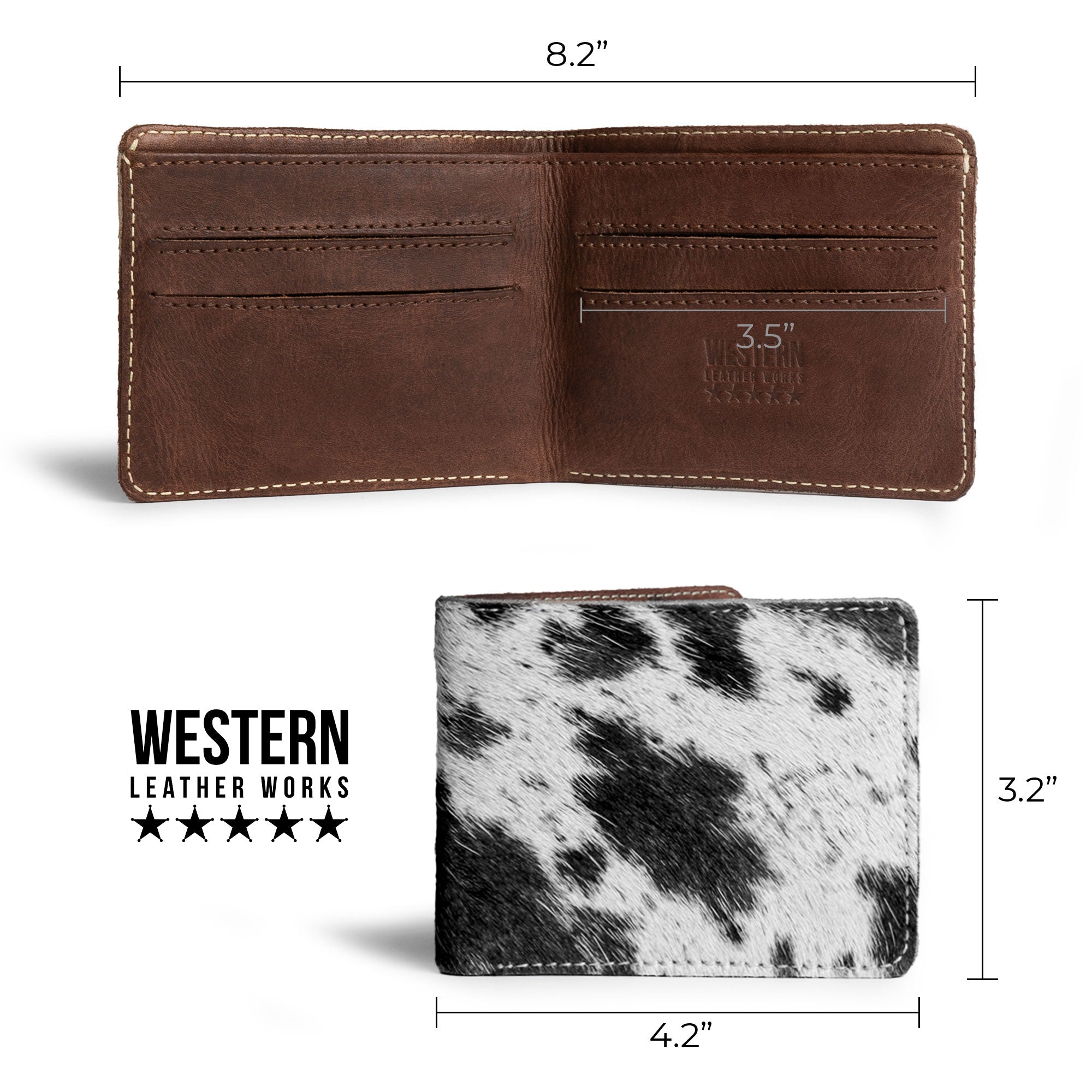 Detailed view of dimensions of the Classic Cowboy Wallet from Western Leather Works, showcasing its compact design and artisan features. Classic Wallet, Business Card & Money Holder, Compact Pocket Organizer, Cowboy Style, Full Grain Leather, StockyardX, Hand Cut, Hand Sewn, Fire Branded, Artisan, Handmade in La Antigua Guatemala & Oaxaca Mexico.