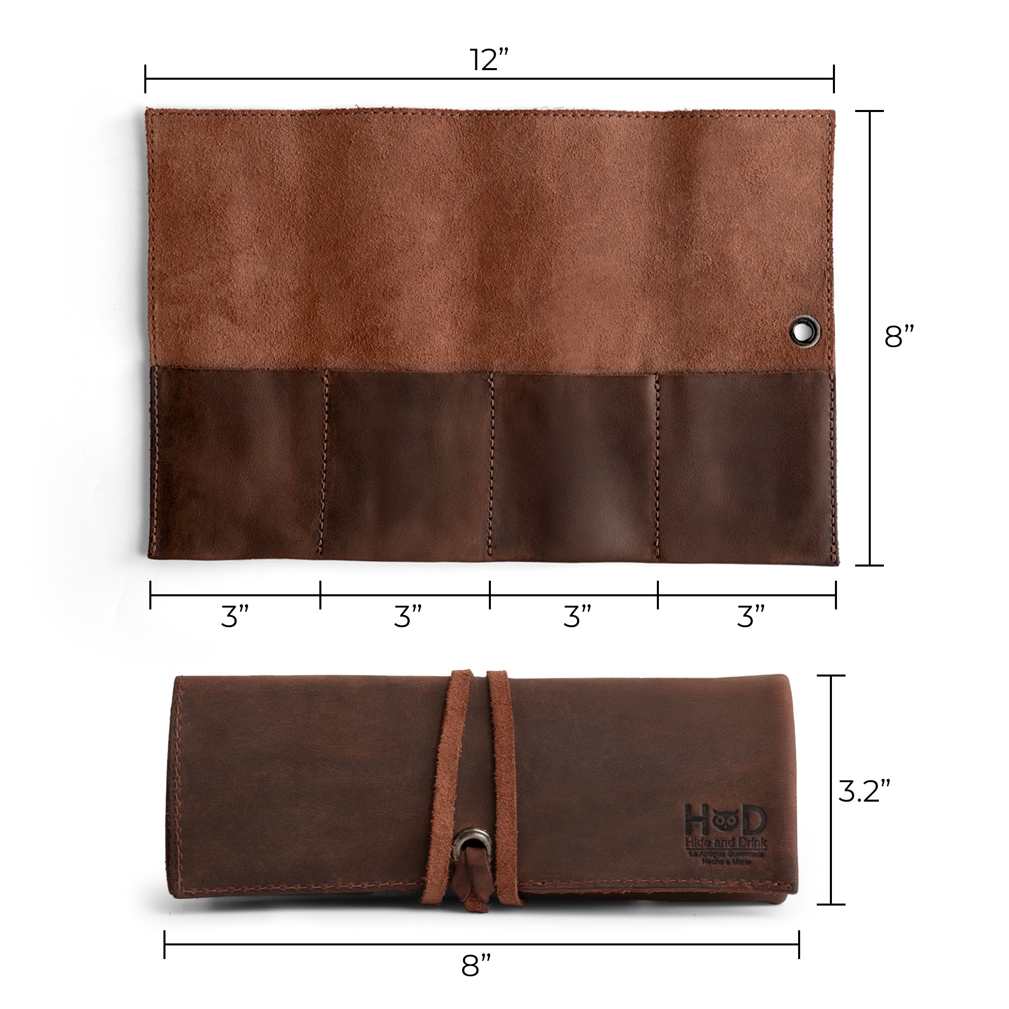 Measuring 12x8 inches, this Watch Roll by Hide & Drink is made to organize up to 4 watches. This easy carry Watch Roll Organizer is crafted from full grain leather, showcasing small batch production quality, hand cut and sewn, and fire branded artisan craftsmanship made in La Antigua Guatemala & Oaxaca Mexico.