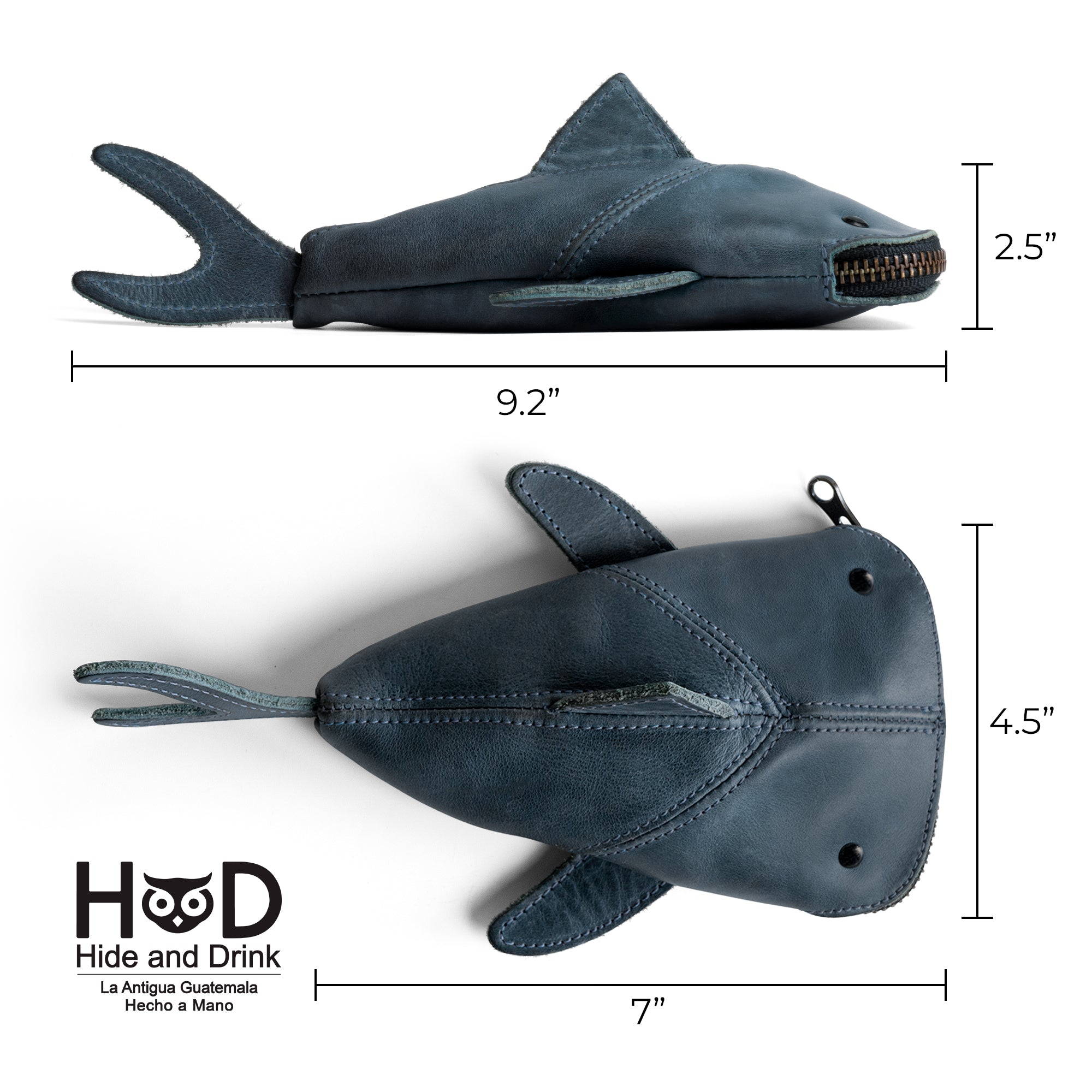 Detailed view of Leather Shark Pouch by Hide & Drink, highlighting its zippered functionality. This unique shark shaped case made from full grain leather is a great option as a pencil purse or coin bag. Each pouch is handmade in La Antigua Guatemala & Oaxaca Mexico, representing small batch production and artisan skill.