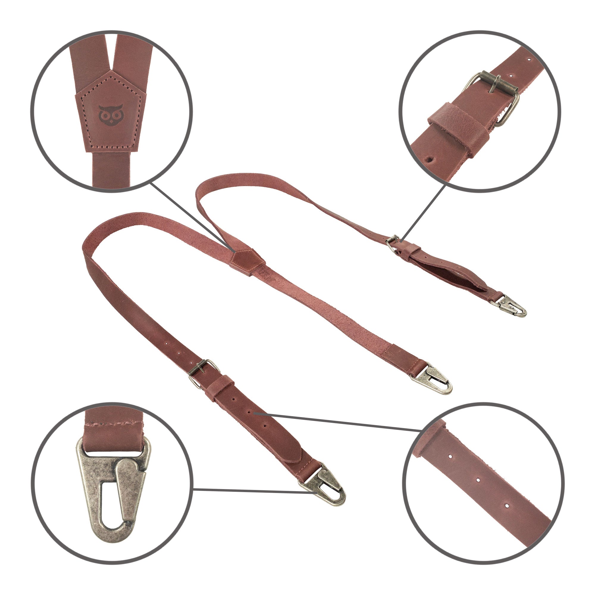 Hide & Drink Rustic Slim Suspenders in rust displayed with tags, highlighting their quality and suitability for wedding attire. Handmade artisan product from La Antigua Guatemala.
