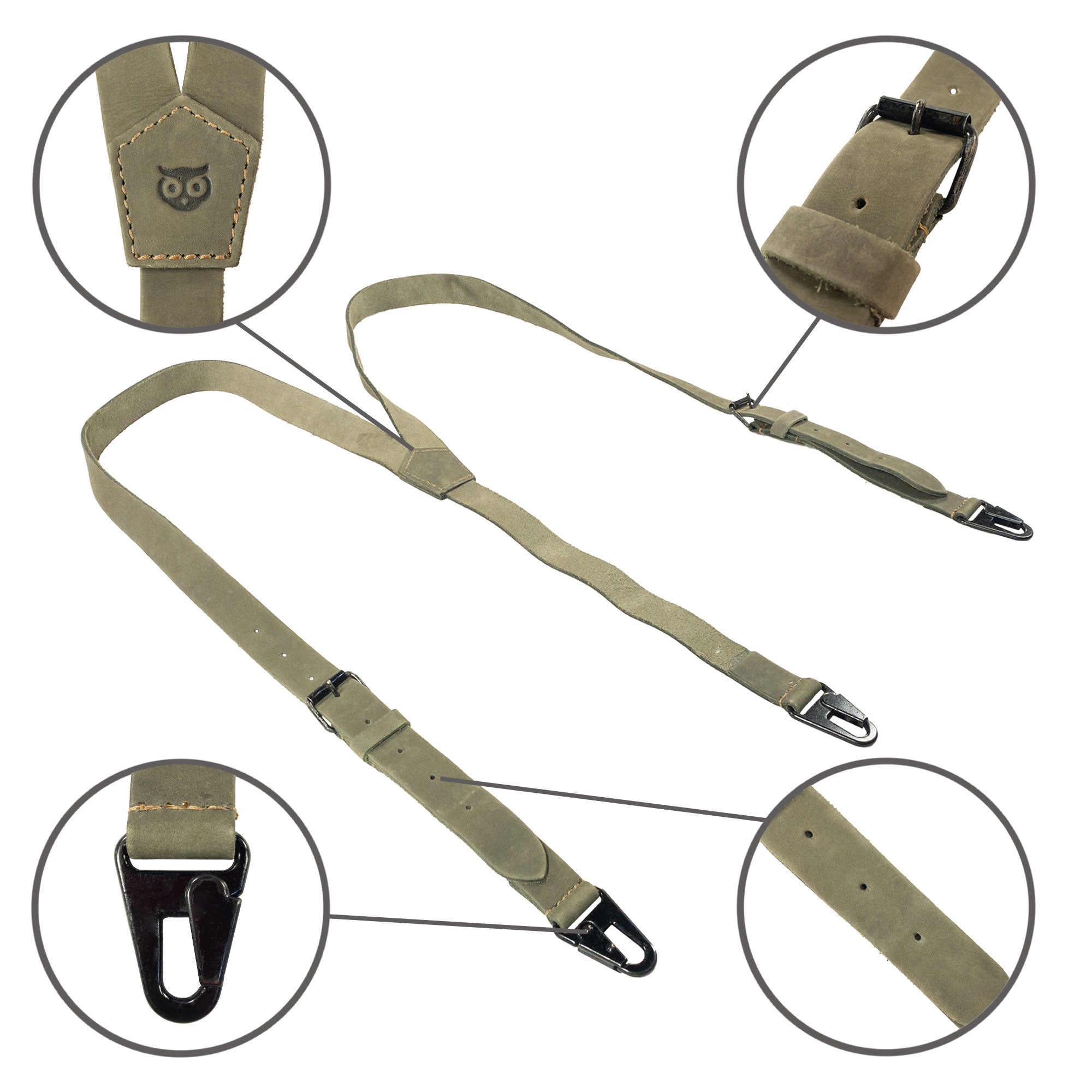 Size guide for Hide & Drink Rustic Slim Suspenders in olive, providing information on adjustable lengths. A great option for those seeking handmade quality for weddings.
