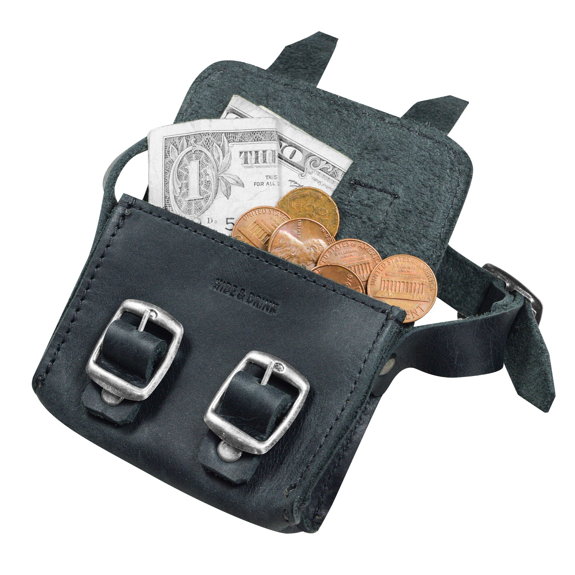 Inside view of the Black Tiny Messenger Bag by Hide & Drink, illustrating the clever design with currency and coins. A stylish Mini Messenger Bag Charm in Full Grain Leather, perfect for keychain or handbag use, hand crafted by artisans in La Antigua Guatemala.