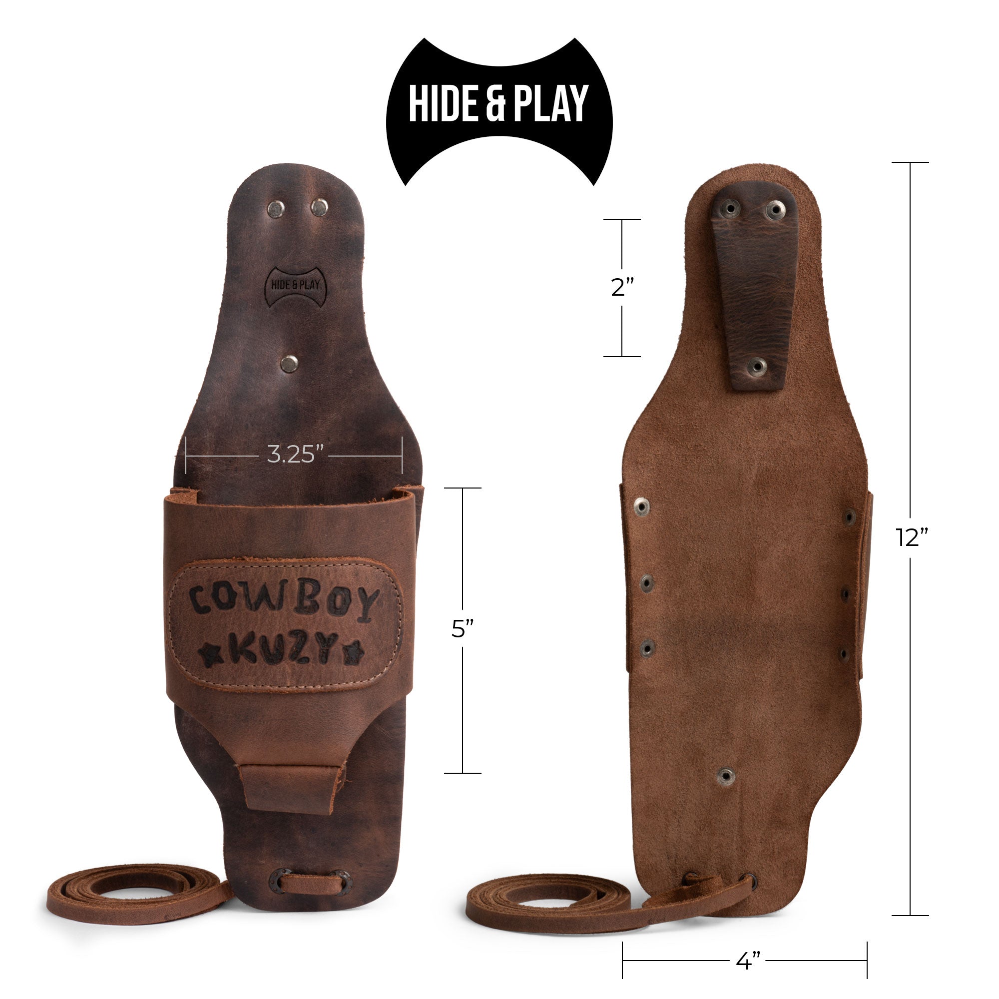 Measurement detail of the Cowboy Beer Holster by Hide & Play, highlighting dimensions in a stylish leather design perfect for every occasion. This Cowboy Beer Holster - Handsfree Beverage Holder, Bottle Leg Grip, Old School, Men's Party Gift Gear, Full Grain Leather, StockyardX, Small Batch Production, Hand Cut, Hand Sewn, Fire Branded, Artisan, Handmade in La Antigua Guatemala & Oaxaca Mexico.