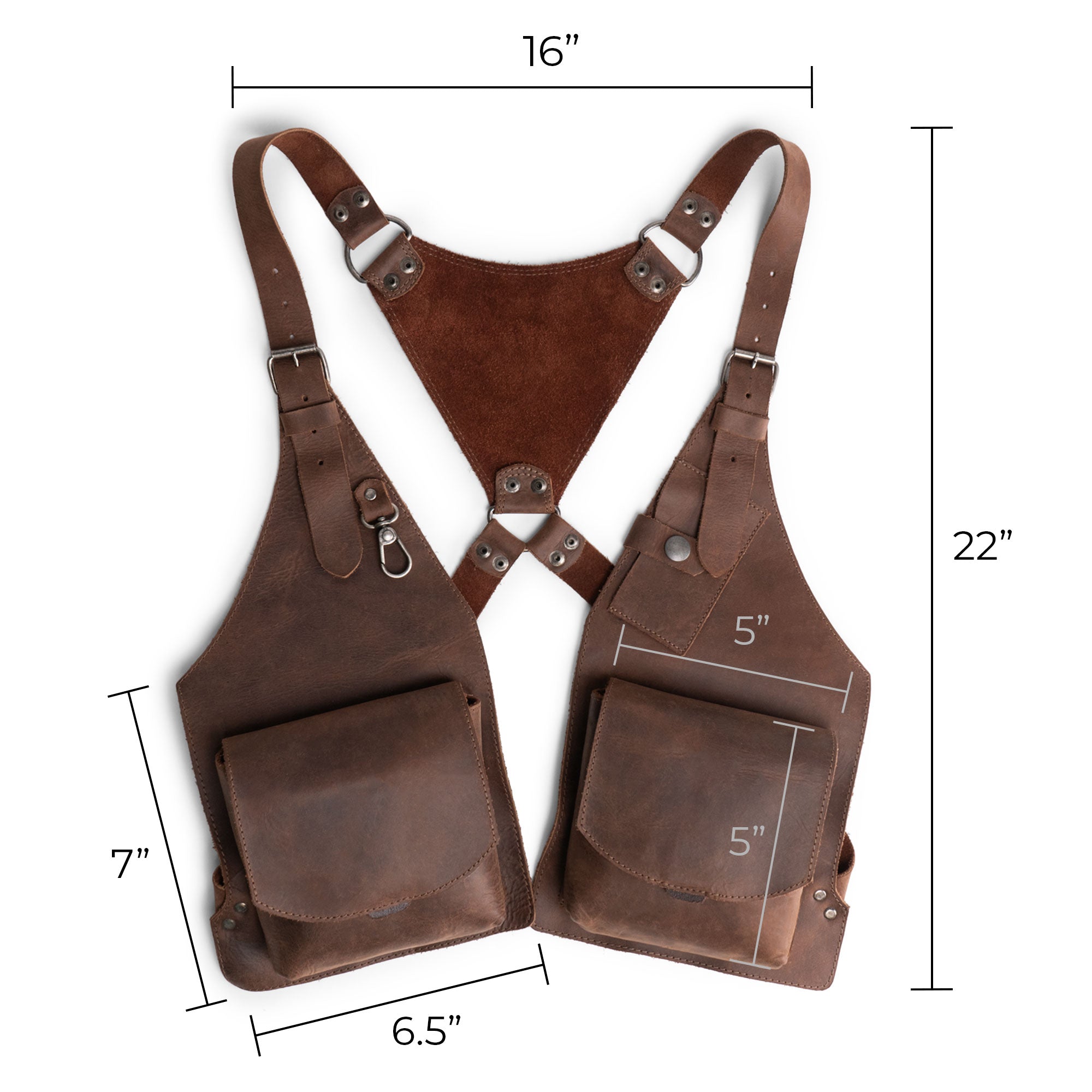 Dimensions of the Shoulder Holster by Hide & Play, featuring Adjustable Straps and made from premium Full Grain Leather. A perfect fit for cosplay or costume events, this handmade piece showcases artisan craftsmanship from La Antigua Guatemala & Oaxaca Mexico.