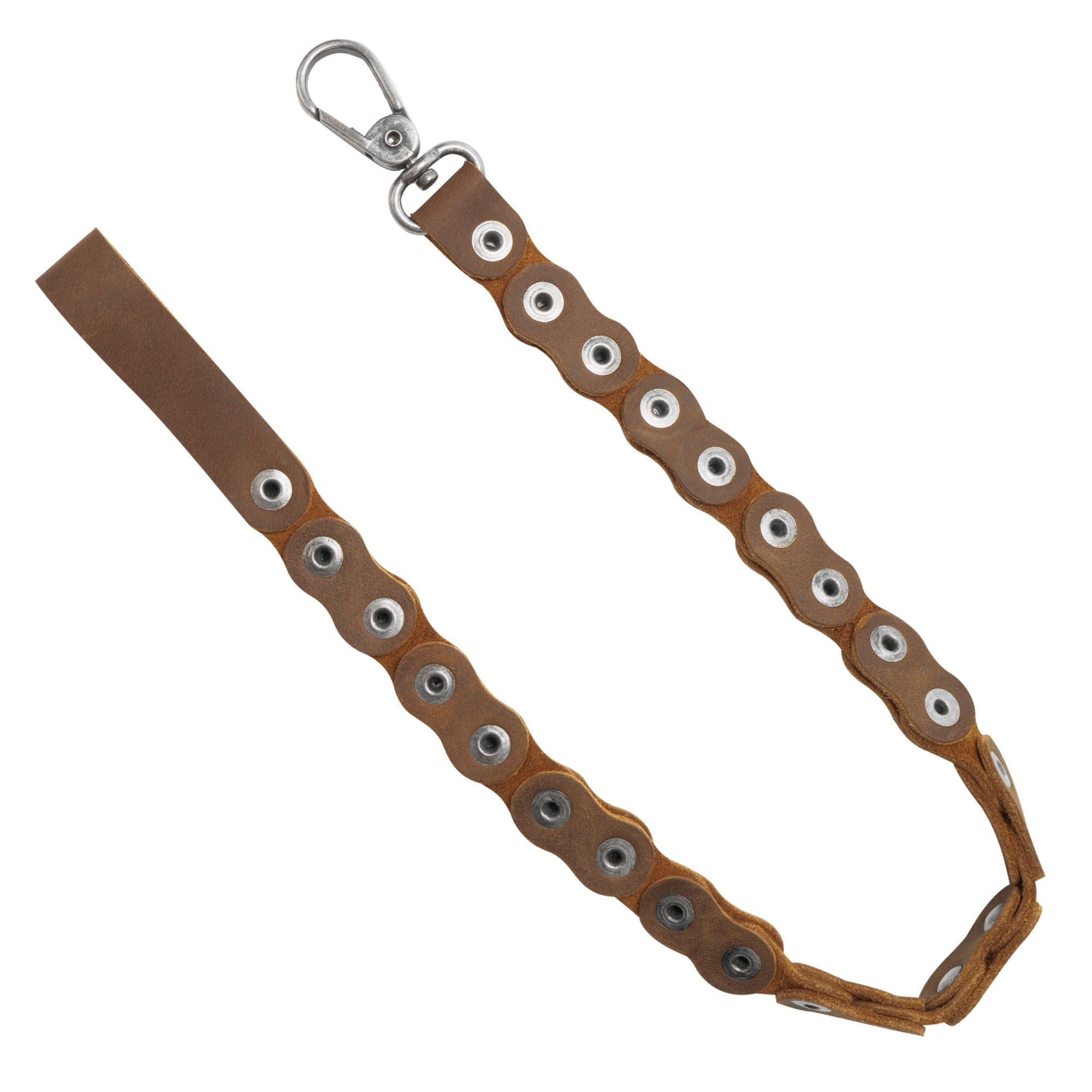 The Biker Chain by Hide & Ride showcased from a different angle, emphasizing its rugged design and sturdy hardware. This premium full grain leather trouser chain works as a wallet chain and jeans pocket chain, enhancing any biker's outfit. Made by artisans with love, it features hand cut and hand sewn details, reflecting StockyardX’s dedication to small batch production in La Antigua Guatemala & Oaxaca Mexico.