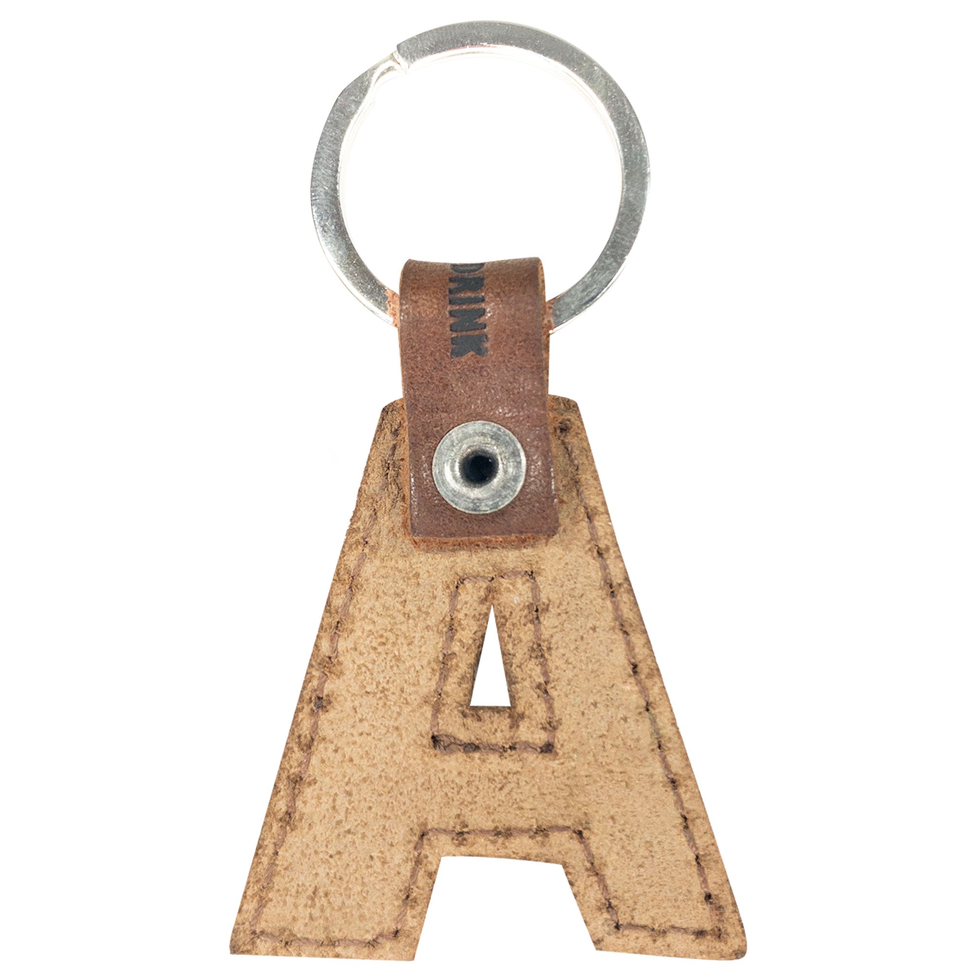 Stylish 'A' Alphabet Letter Keychain from Hide & Drink, crafted in thick leather for durability. This handmade keychain adds a personal touch while showcasing artisan production from La Antigua Guatemala.