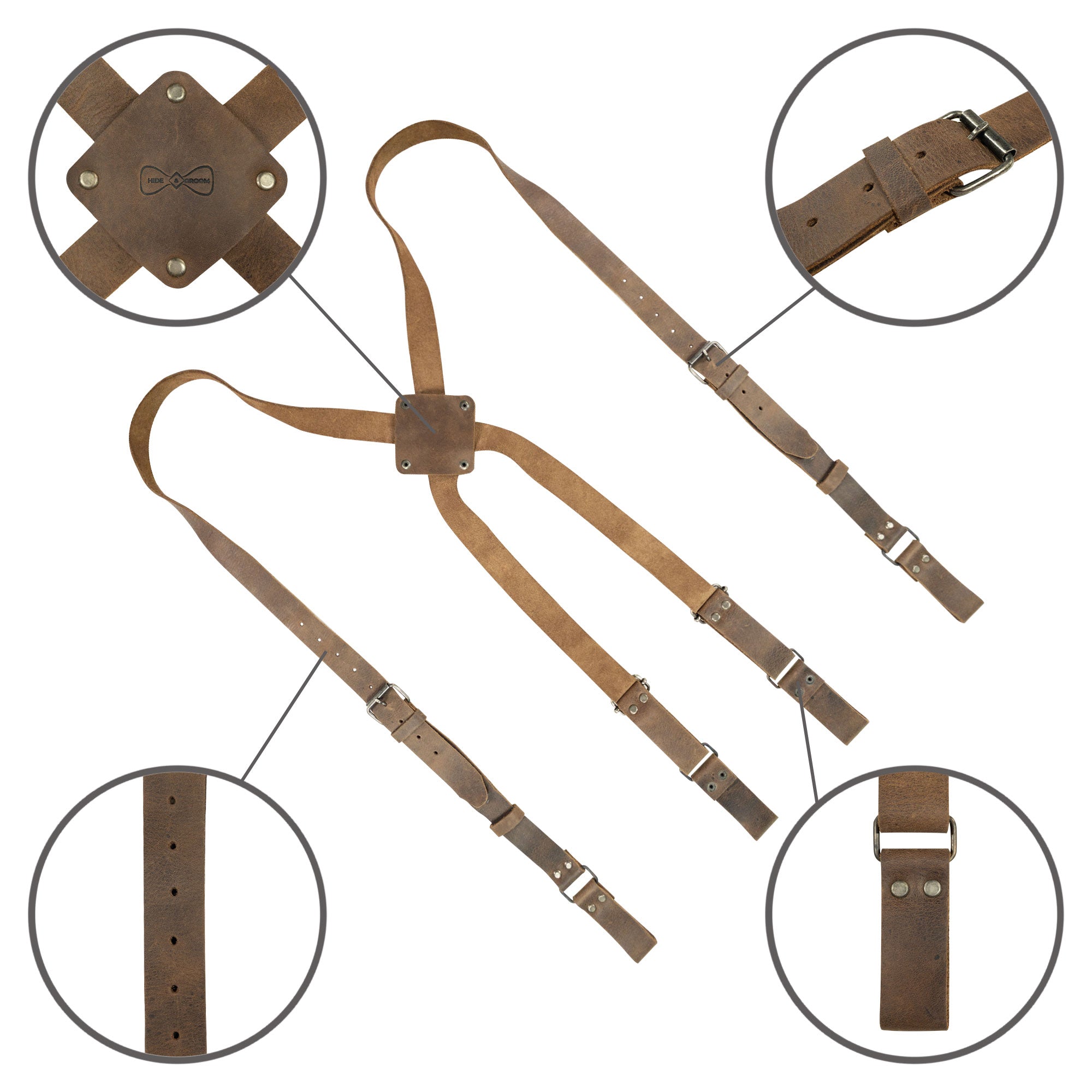 Close-up features of the X Back Suspenders with Belt Loops from Hide & Groom, highlighting the heavy-duty Full Grain Leather and artisan craftsmanship. These Broom Accessories are ideal for bestman attire and formal wear. Made in La Antigua Guatemala & Oaxaca Mexico, they are a testament to small batch production and handmade quality.