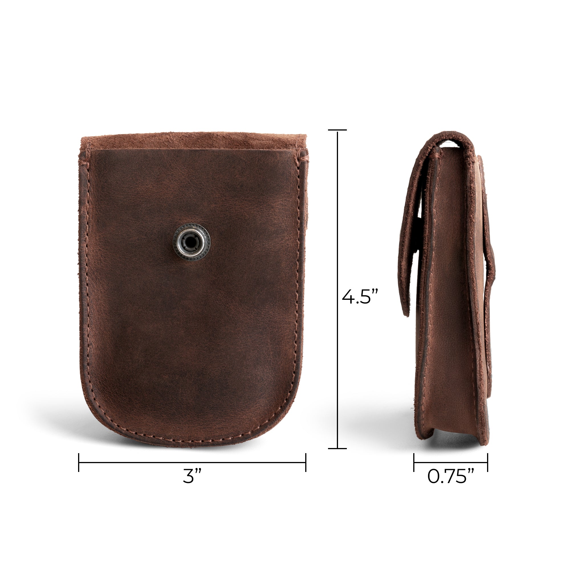 Dimensions of the Curvy Waist Bag by Heather's displayed alongside the product. This durable waist bag, with a holster pouch design, is great for coins, change, headphones, and personal items. It conveniently attaches to a belt and is made from high-quality full grain leather. Reflecting small batch production methods, it's hand cut, hand sewn, fire branded, and artisan crafted in La Antigua Guatemala & Oaxaca Mexico.