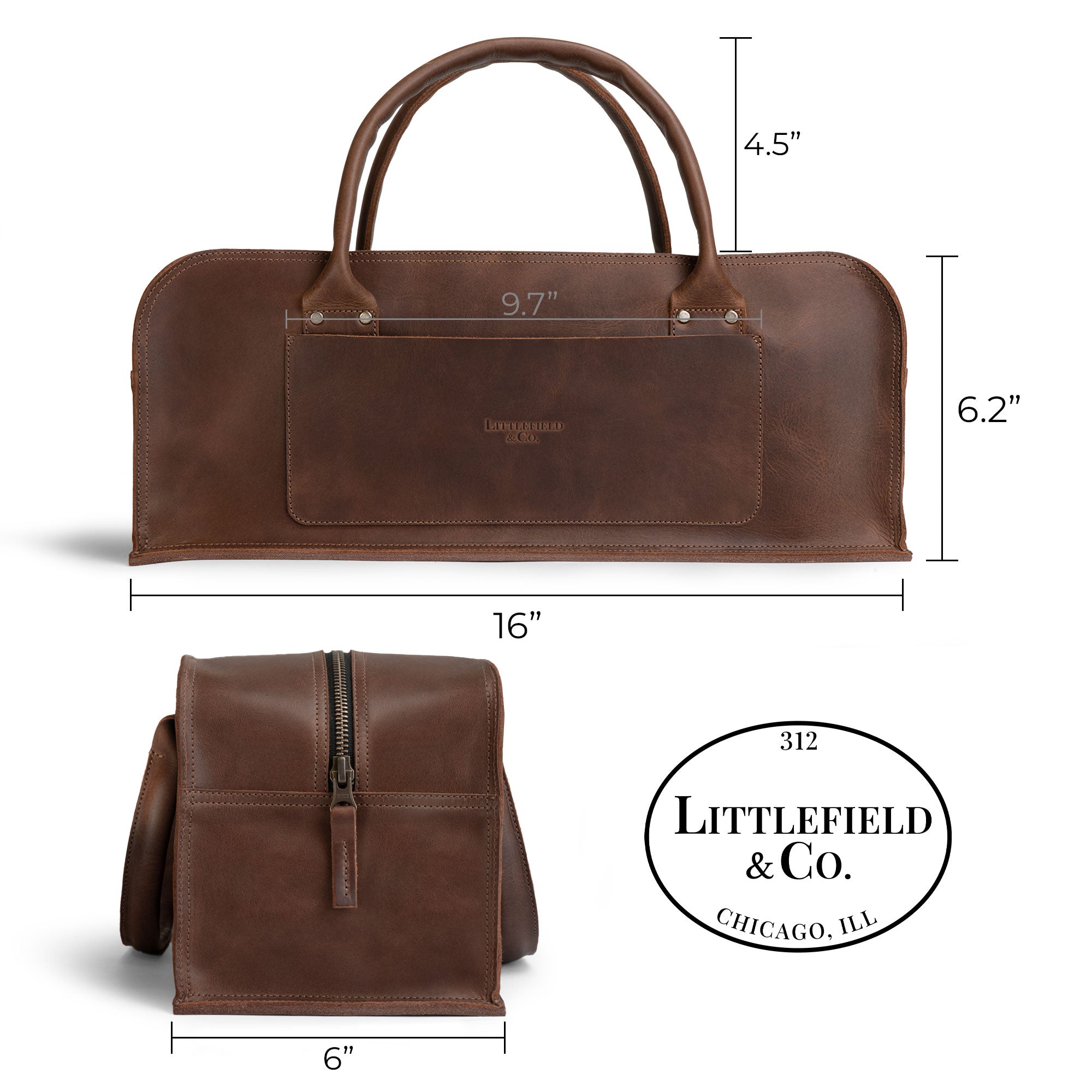 Dimensions of the Multipurpose Doctor Utility Tool Bag by Littlefield & Co. displayed, showcasing its organizational features for professionals.