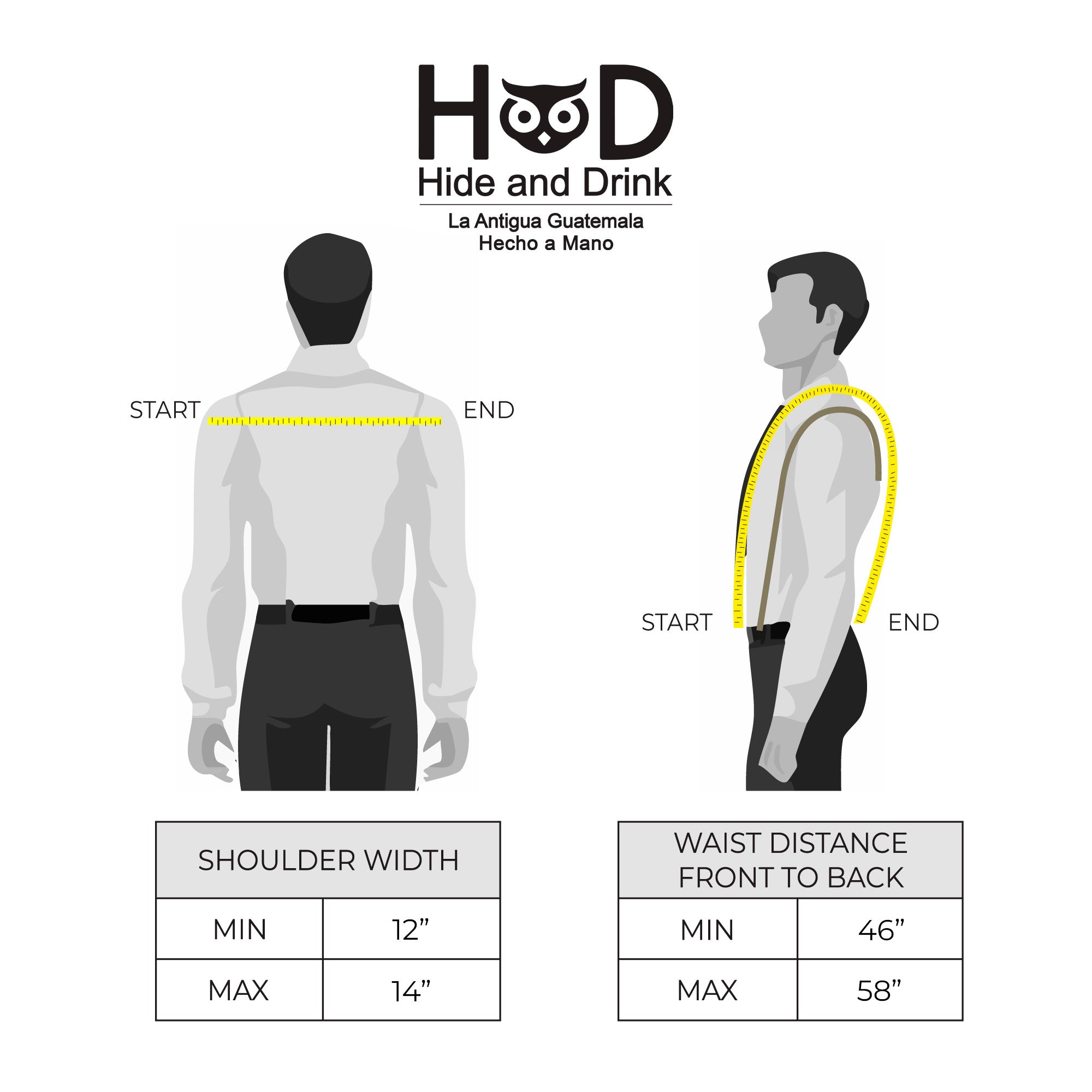 Measurement guide for black Renaissance Suspenders by Hide & Drink, essential for achieving the perfect fit. These back support harness for men are crafted from full grain leather, perfect for stylish groomsmen attire.