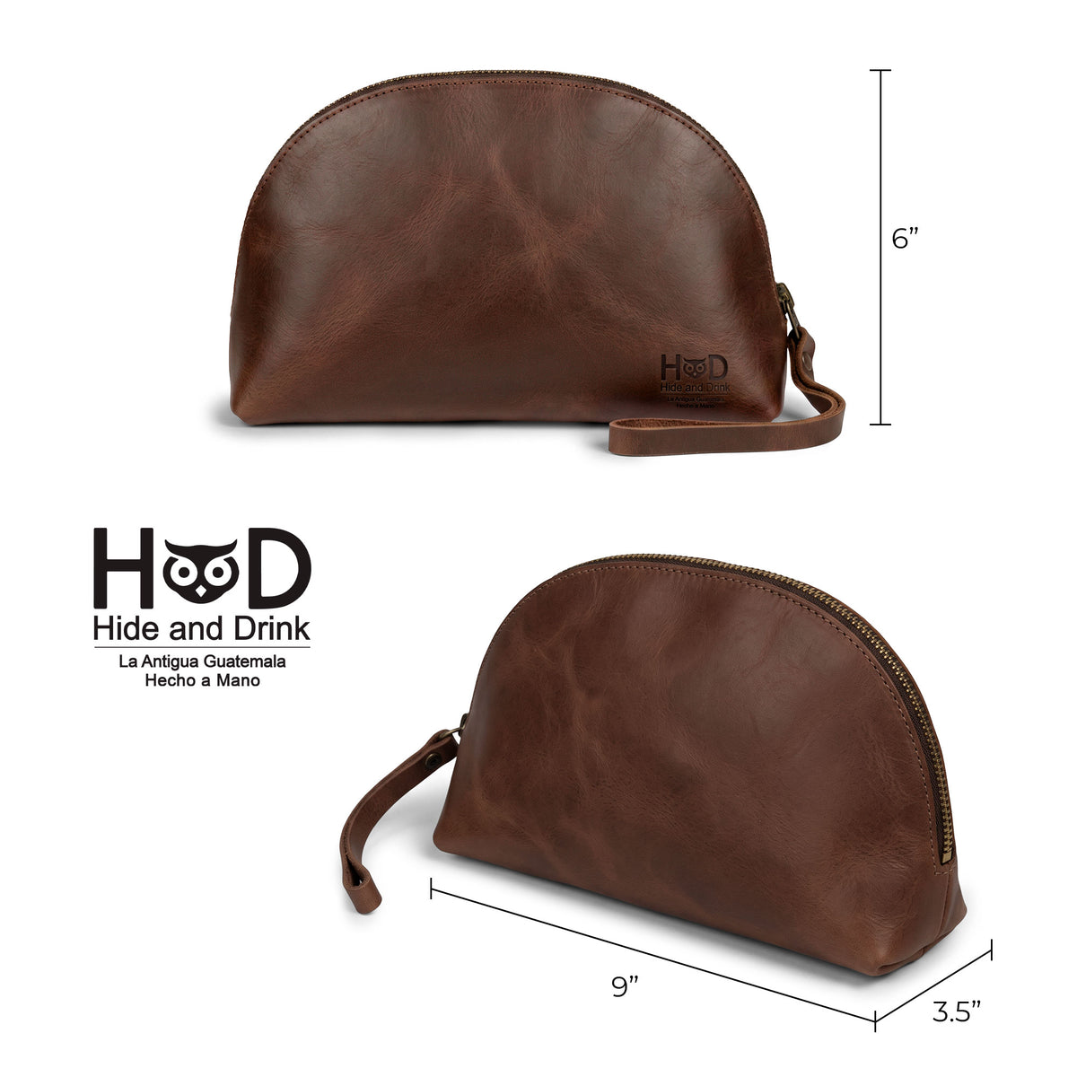 Showing dimensions of the Accessory Pouch Organizer Hand Bag by Hide & Drink, crafted from beautiful full grain leather. This Cosmetic Travel Organizer with Hand Strap for Women is perfect as a Makeup Bag or Classic Handbag, representing artisanal small batch production from La Antigua Guatemala & Oaxaca Mexico.