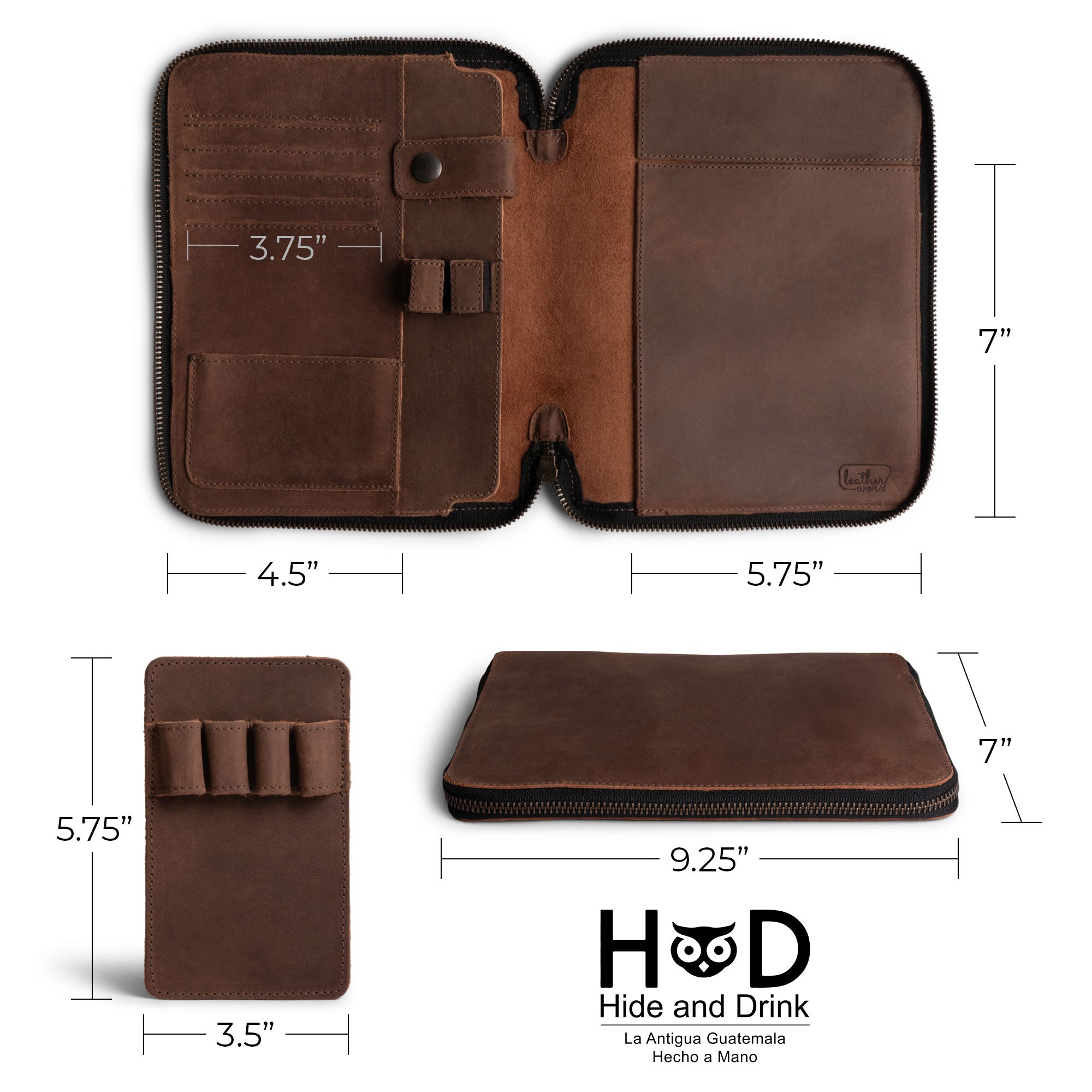 Dimensions displayed for the Rustic A5 Notebook (5.75 x 8.25 inch.) Portfolio Binder with a sleek design by Leather Worx. Perfect for use as an Executive Padfolio for Office or Personal Planner for Men and Women, crafted from Full Grain Leather, exemplifying StockyardX quality, Small Batch Production, Hand Cut, Hand Sewn, Fire Branded, Artisan techniques, Handmade in La Antigua Guatemala & Oaxaca Mexico.