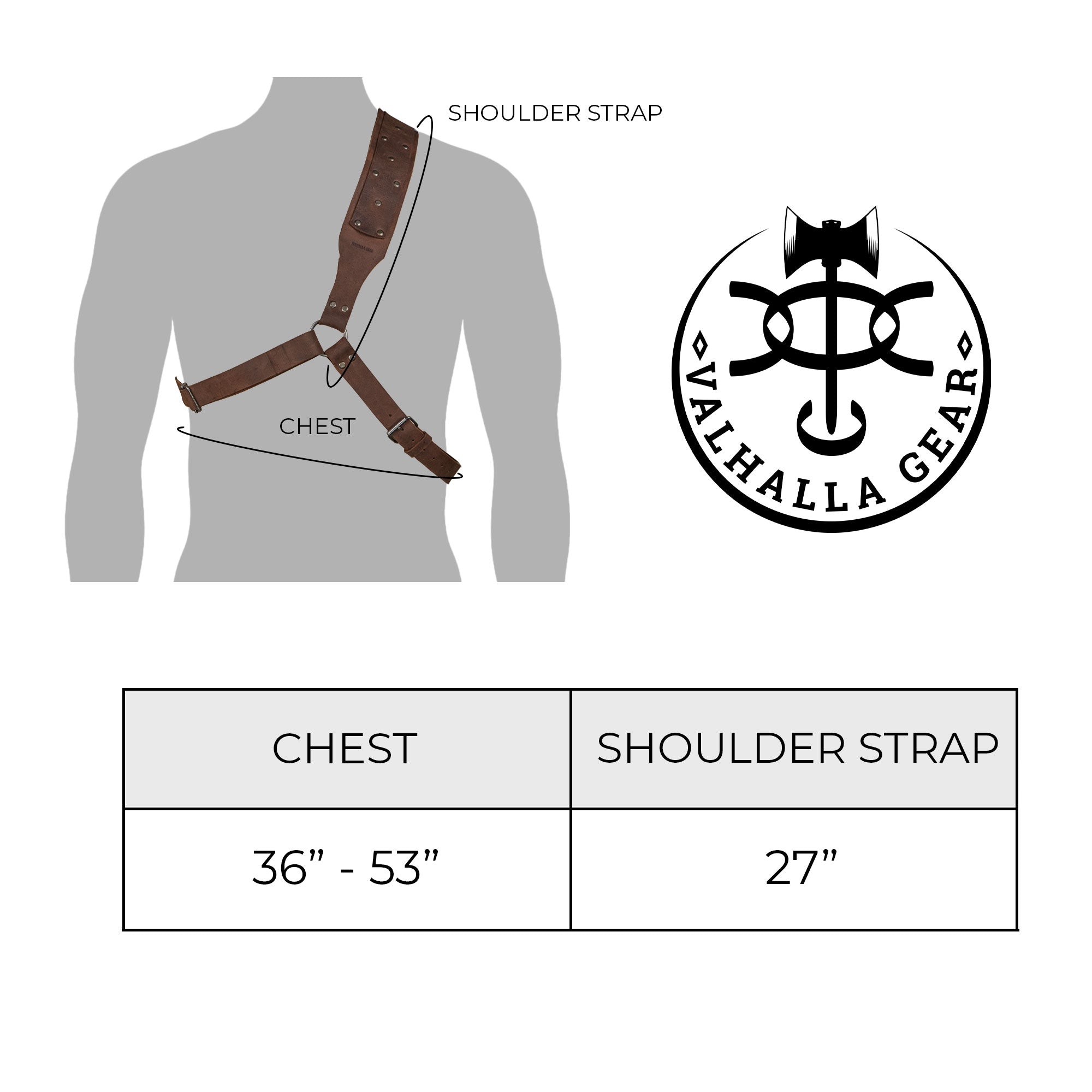 Illustration of the Medieval Back Sword Shoulder Frog by Valhalla Gear, demonstrating its adjustable design with measurements, crafted from durable full grain leather, perfect for knight cosplay and Renaissance sheath holster, showcasing artisan craftsmanship from La Antigua Guatemala.