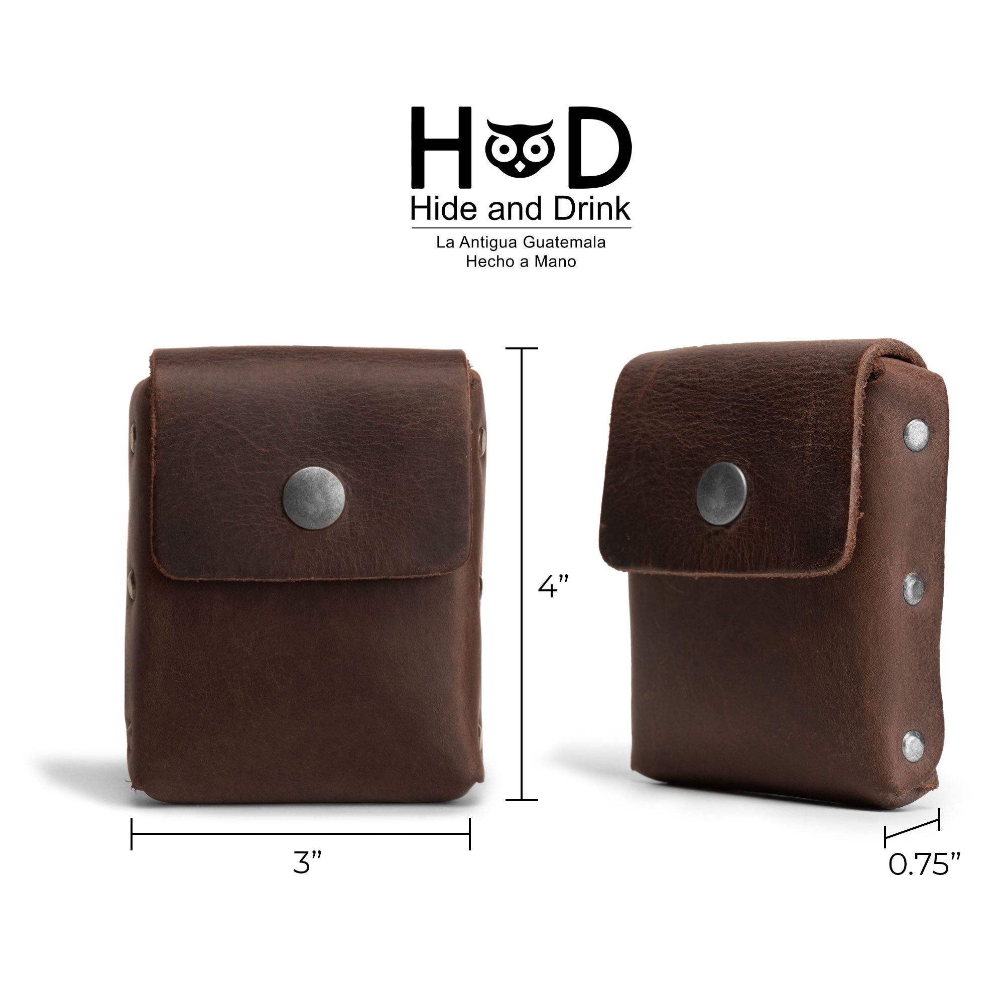 Hide & Drink's Waist Wallet displayed with dimensions, offering space for up to 20 cards, folded bills & coins, charging cables, made from top-tier full grain leather, featuring small batch production, hand cut, hand sewn, fire branded, artisan craftsmanship, handmade in La Antigua Guatemala & Oaxaca Mexico.