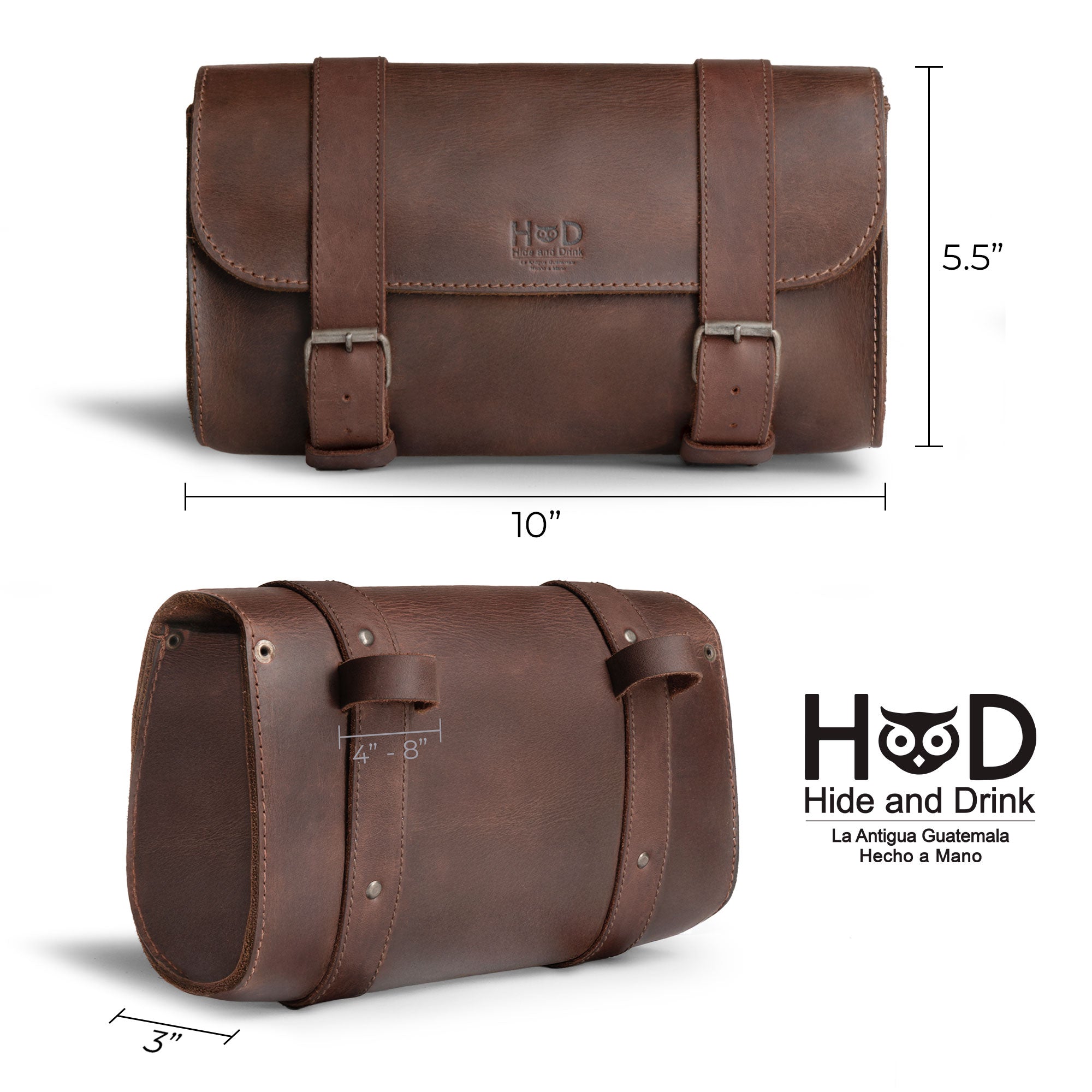 Hide & Drink Leather Motorcycle Tool Bag dimensions shown, crafted from durable Full Grain Leather for true bikers needing a trustworthy Biker Bag for Tools and Essentials. This versatile Handlebar Bag with Adjustable Straps functions as a Tool Organizer, showcasing Artisan craftsmanship with Small Batch Production and Hand Sewn quality in La Antigua Guatemala & Oaxaca Mexico.