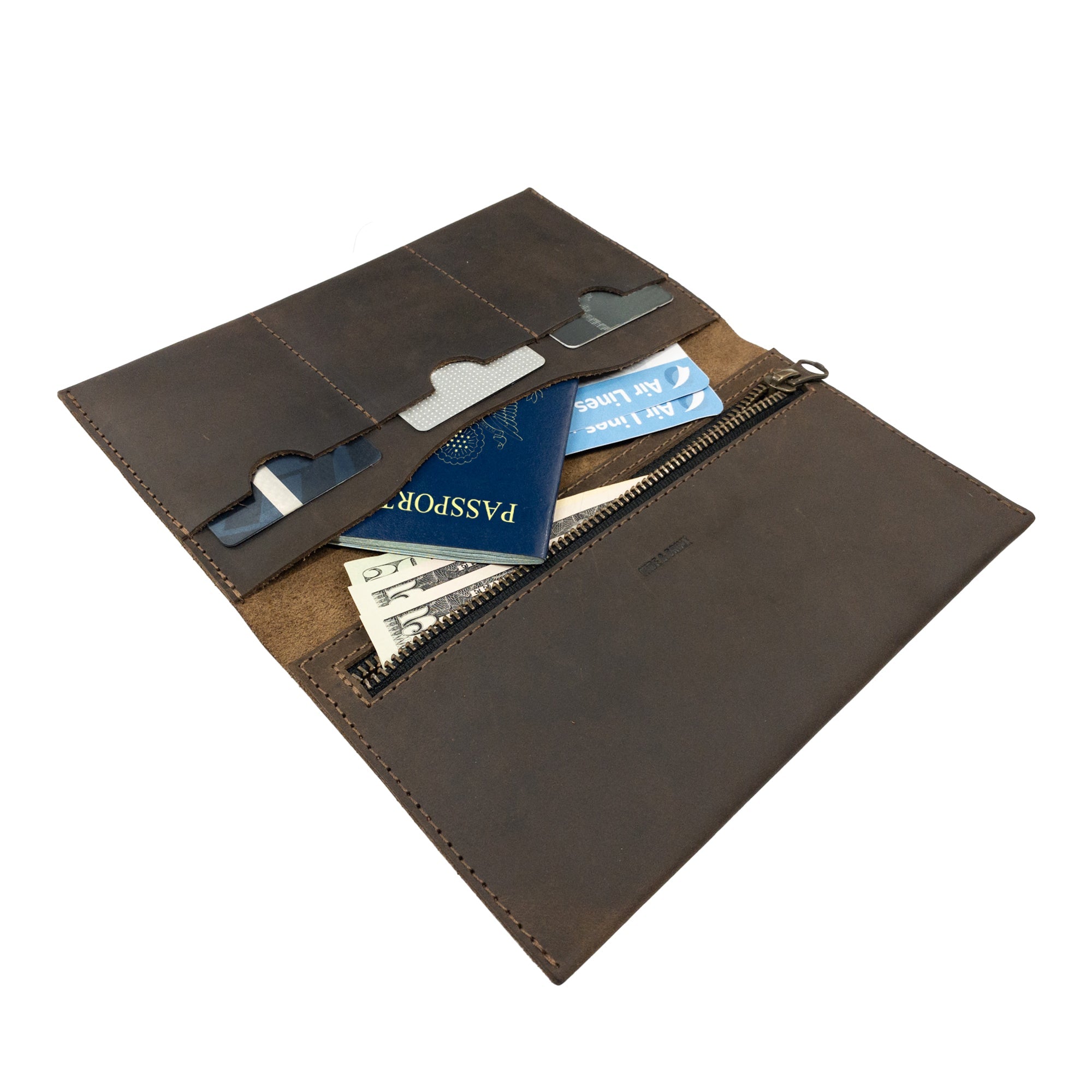 Another perspective of the Hide & Drink Large Wallet for Passport with Credit Card Slots, showing its sleek design and ample storage for a passport and cards, crafted from full grain leather by artisans in La Antigua Guatemala & Oaxaca Mexico.